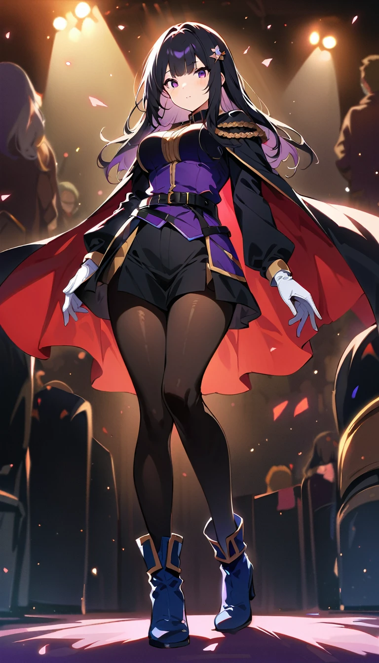 highest quality,masterpiece,from_Downに,looking for_in_Audience,looking for_Down,masterpiece,Highly detailed CG Unity 8K,movie lighting,
yamashiro768, Purple eyes, 1 girl, pantyhose, 一人in, Black Hair, Purple eyes, gloves, Cape, Long Hair, white gloves, chest, black pantyhose, belt, red Cape, boots, Blue shoes, whole body, large chest, hair ornaments, looking for in Audience, お誕生日おめinとう, bangs, Long sleeve, Purple high heels, Place one hand on one&#39;s hip，upright