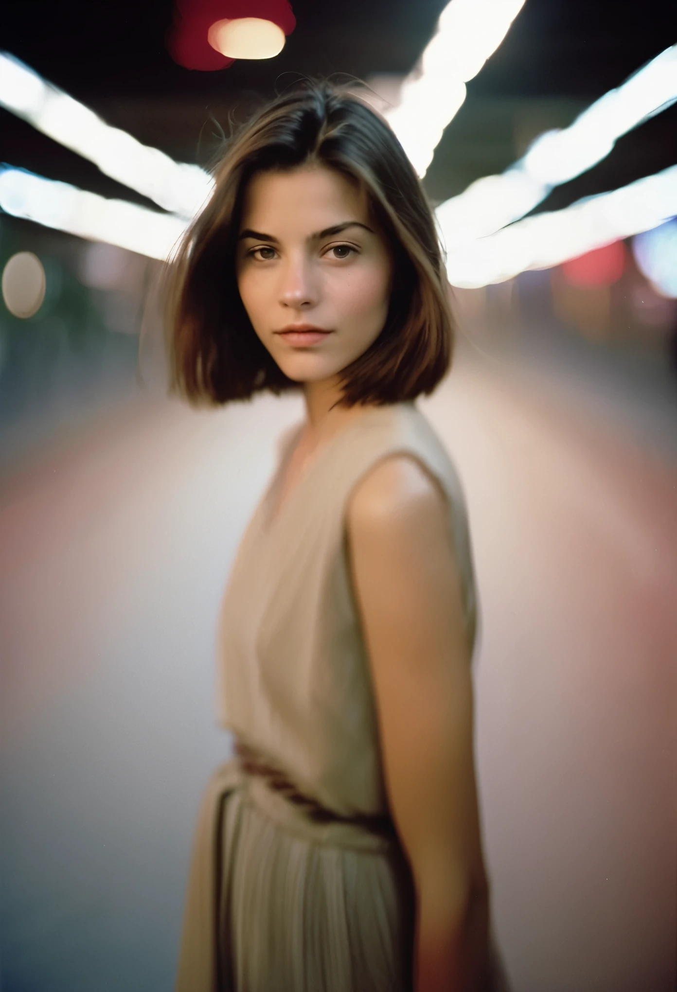 35mm film photography of an Oval-faced Caucasian girl with shoulder-length brown straight hair, brown eyes, and arched eyebrows, cherry red and soft cream color scheme, blurry, muted colors, long exposition motion blur, portrait shot