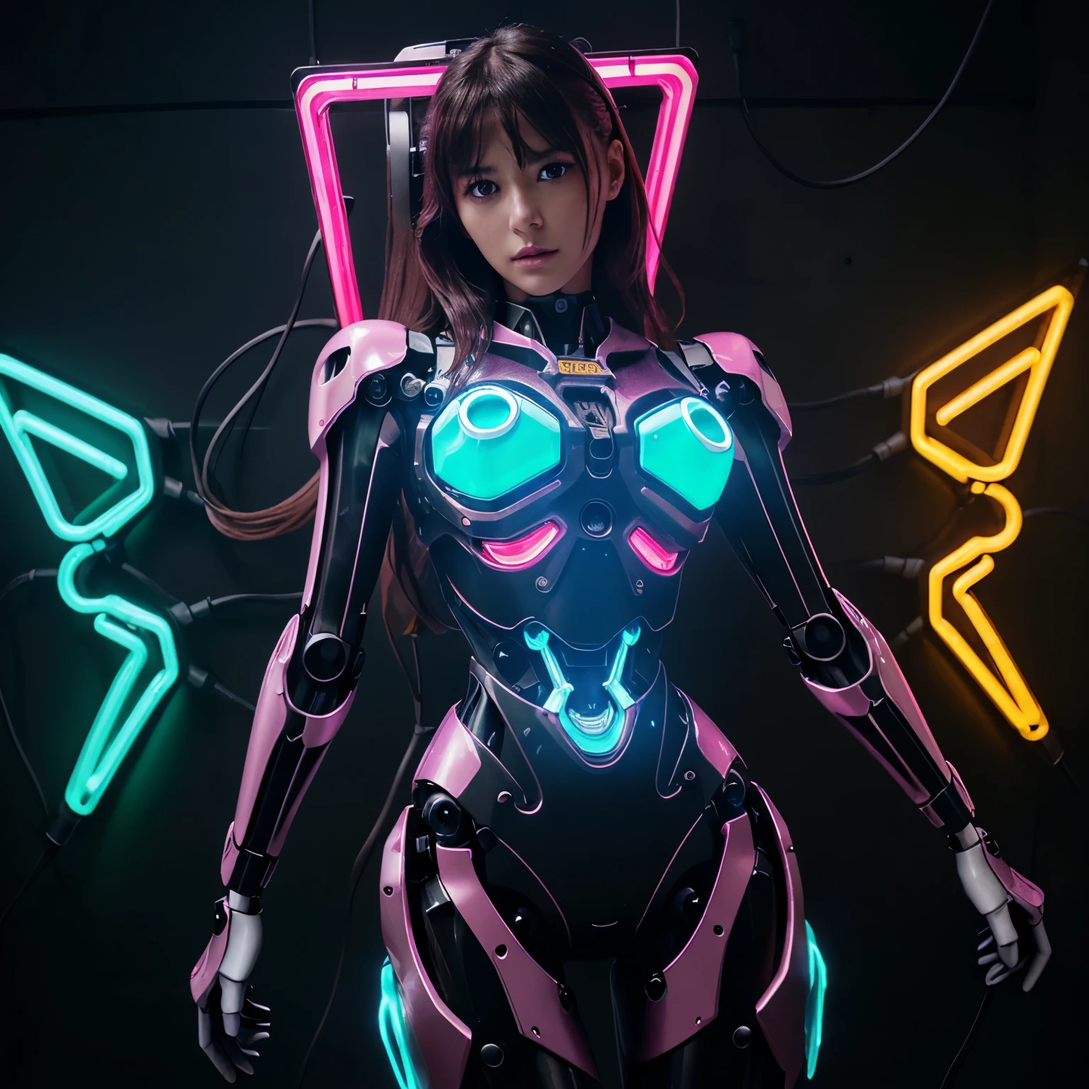 Asuka-Evangelion realista e intrincado rosto de beleza perfeita, detalhado & Bright eyes of perfect asymmetrical clear galaxy, detalhado face, (((from face to waist))), (((forma de beleza))), ((in realistic neon-lit sci-fi plugsuit metal mechanical parts and robotic tentacles with neon-lit light piece, 4k, Ultra HD, fighting a realistic and intricate mecha dragon