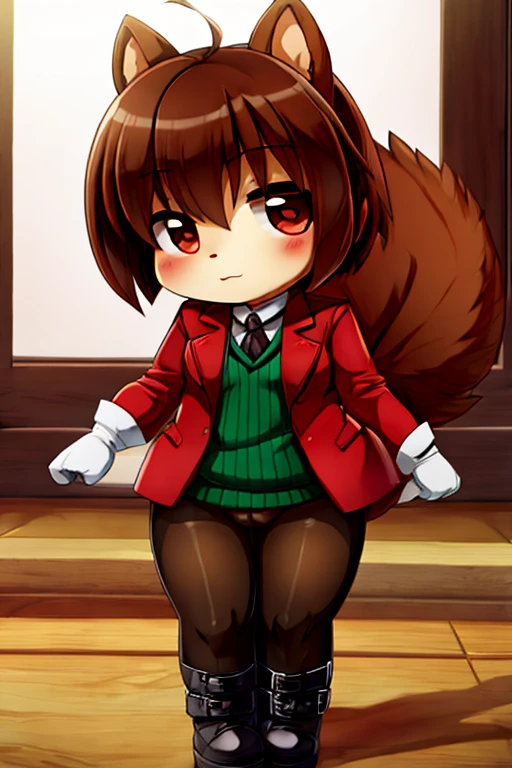 boy, squirrel, furry, bodyfur, blazer, no panties under pantyhose, gloves, boots, chibi