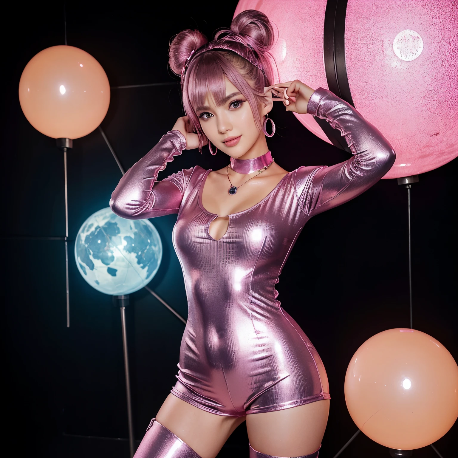 (Best Quality, High resolution, masutepiece:1.2), Ultra-detailed, Realistic:1.37, (Perfect Anatomy),1 girl in, cowboy shot, Cute and beautiful 20 year old girl,Transform into a kawaii alien,Standing posture,A smile,beautidful eyes,Beautiful skins, detailed facial features, intricate hair, (Futuristic kawaii tight shinny pink satin body suits and futuristic boots), Metal necklace,Futuristic earrings, Futuristic hair ornament, attractive idol makeup,Very short hair,kawaii pose,space