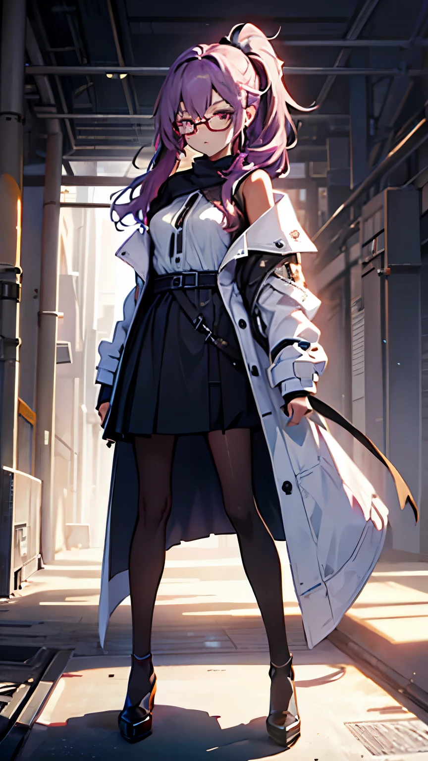 (QUALITY:0)
8k, 8k wallpaper, (an extremely delicate and beautiful:1.1), (beautiful detailed eyes:1.3), (best illustration:1.1), (best quality:1.3), (best shadow:1.1), (cinematic lighting:1.2), detailed eyes, (detailed_light:1.1), (dreamy:1.1), (extremely detailed CG unity 8k wallpaper:1.1), highres, (masterpiece:1.3), official_art, ray tracing, (stylized:1.3), trending on artstation, (ultra_detailed:1.2)
(STYLE & COMPOSITION:0)
1_adult_woman, (from_front, full_body:1.4), solo
(POSE & EXPRESSION:0)
blush, head_tilt, legs_apart, lips_apart, looking_at_viewer, standing, unamused, holding_cup
(CHARACTER:0)
Red_eyes, purple_hair, purple_long_hair, purple_ponytail, black_eyeglasses, (finely_detailed), silk_white_pantyhose, white_stockings, white_socks, bare_shoulders, white_shirt, black_skirt, breasts_apart, blouse, white_blouse, fluffy_blouse, white_coat, lab_coat, coat, collarbone, high_heels, lips, long_sleeves, makeup, plaid_skirt, high_waist_skirt, shiny_hair, shrug_\(clothing\), (messy_hair:1.0), (small_breasts:1.1), very_long_hair
(BACKGROUND:0)
(TEXTUAL INVERSION:0)