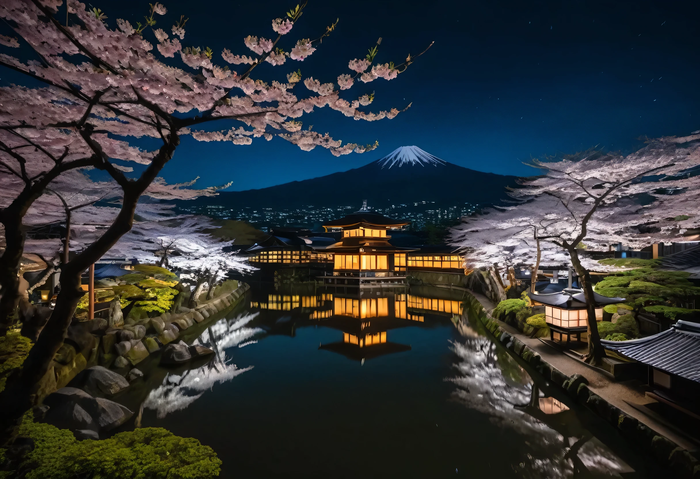 Buildings and trees々An aerial view of the pond with the mountain in the background, Painting by Torii Kiyomasu, Flicker, creation, Dynamic lighting during cherry blossom season, Kyoto japan setting, Kyoto inspired, Kyoto, Japan at Night, cosmology of Kyoto landscape, Night view, like Kyoto, Beasts, Nighttime foreground