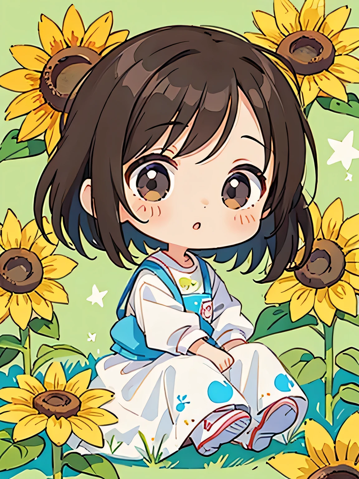 Ai Yazawa style, Kawaii Design, The most beautiful girl of all time、Chibi, play together、Cute Aliens, sunflower