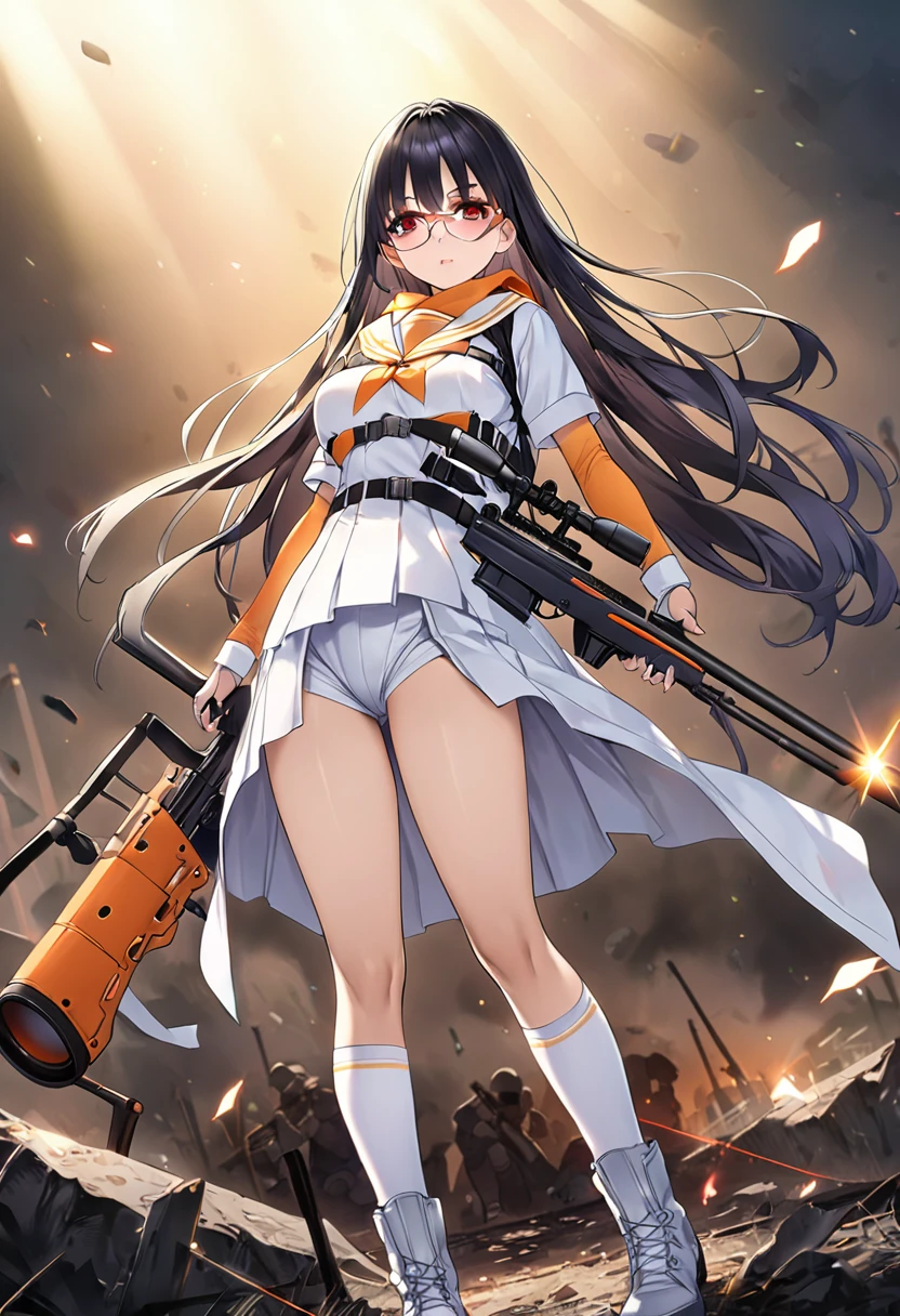 masterpiece、highest quality、Ultra-high resolution、Maximum resolution、Very detailed、Professional Lighting、anime、woman、thin、so beautiful、high school girl、White sailor suit、White knee-high socks、Has a sniper rifle、Red Eye、Black Hair、long hair、Fingerless gloves、Tactical Boots、Equipped with transparent orange shooting glasses、Equipped with a chest rig、Standing alone on the battlefield