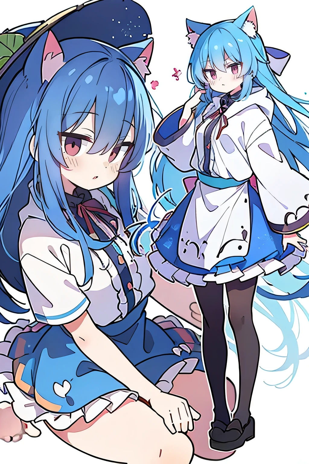 (masterpiece:1.2),Super detailed,lifelike,Expressive eyes,fair skin,perfect face shape,1 girl,
Japanese comics,Gorgeous blue hair,flowing blue hair,flowing clothes,Cat ears,Petals fall,beautiful lola,Baby Angel,
Shaking head with one hand,Cross your legs,Gentle and peaceful background,The pavilion is cool and comfortable,smile, wearing hoodie, background of tokyo,back views,snowing, winter.