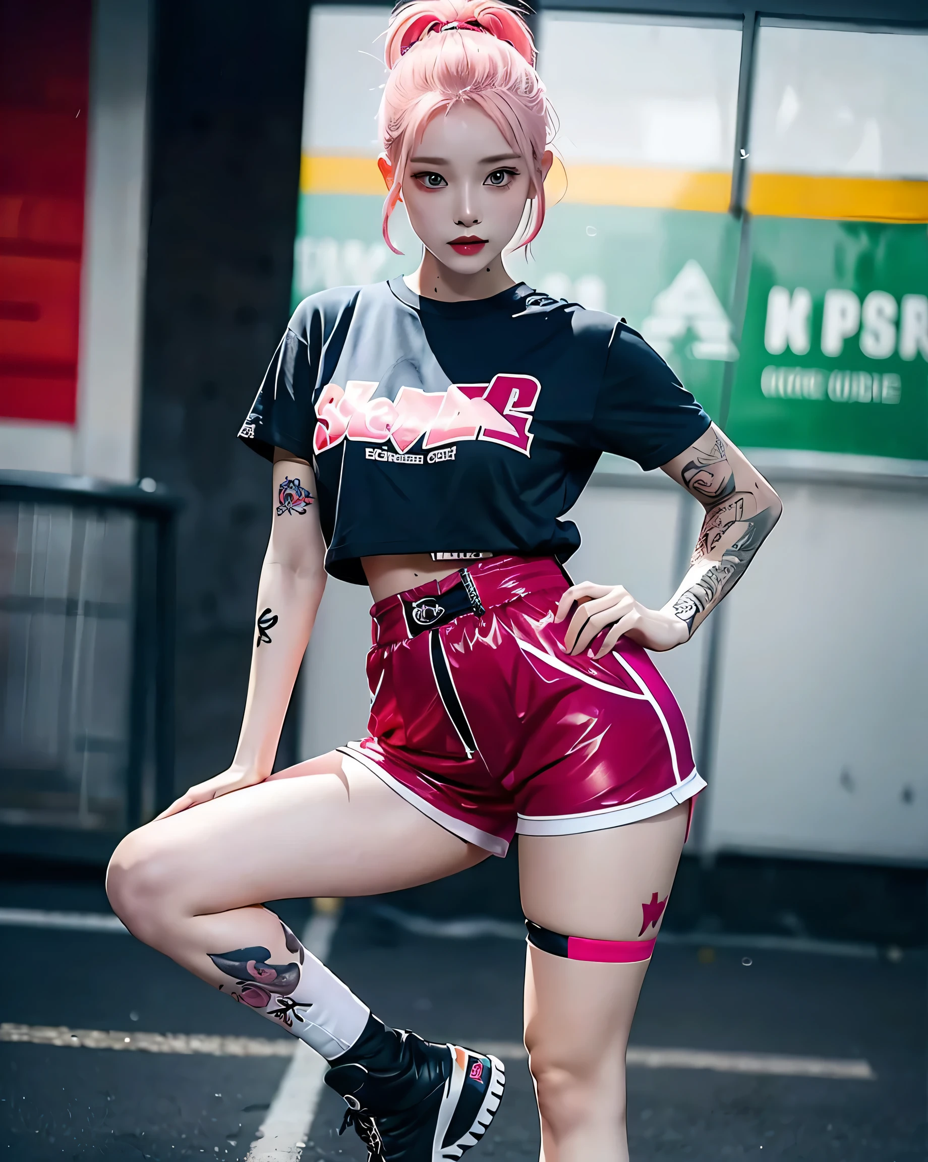 Perfect Style, Beautiful Face, Highly detailed face and skin texture, (Maximum resolution: 1.2), 1 female, alone, Hip Up, jewelry, (((He has many tattoos all over his body)), Streetwear, Play sports often, Pink Hair, Shorts, Sports boots, (((Tight waist))), ((Big Breasts))