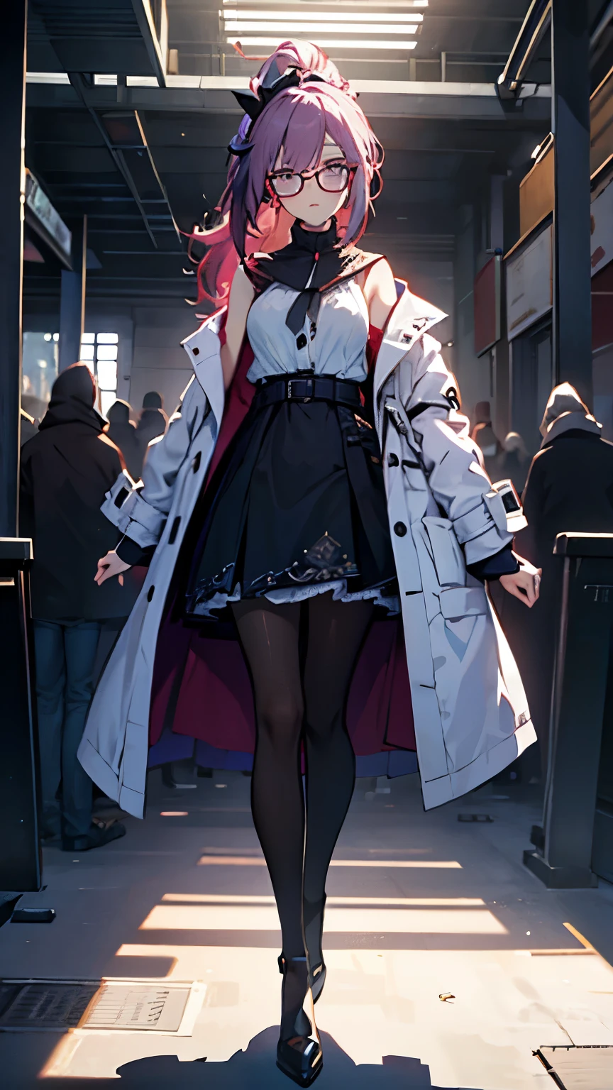(QUALITY:0)
8k, 8k wallpaper, (an extremely delicate and beautiful:1.1), (beautiful detailed eyes:1.3), (best illustration:1.1), (best quality:1.3), (best shadow:1.1), (cinematic lighting:1.2), detailed eyes, (detailed_light:1.1), (dreamy:1.1), (extremely detailed CG unity 8k wallpaper:1.1), highres, (masterpiece:1.3), official_art, ray tracing, (stylized:1.3), trending on artstation, (ultra_detailed:1.2)
(STYLE & COMPOSITION:0)
1_adult_woman, (from_front, full_body:1.4), solo
(POSE & EXPRESSION:0)
blush, head_tilt, legs_apart, lips_apart, looking_at_viewer, standing, unamused, holding_cup
(CHARACTER:0)
Red_eyes, purple_hair, purple_long_hair, purple_ponytail, black_eyeglasses, (finely_detailed), silk_white_pantyhose, white_stockings, white_socks, bare_shoulders, white_shirt, black_skirt, breasts_apart, blouse, white_blouse, fluffy_blouse, white_coat, lab_coat, coat, collarbone, high_heels, lips, long_sleeves, makeup, plaid_skirt, high_waist_skirt, shiny_hair, shrug_\(clothing\), (messy_hair:1.0), (small_breasts:1.1), very_long_hair
(BACKGROUND:0)
(TEXTUAL INVERSION:0)
