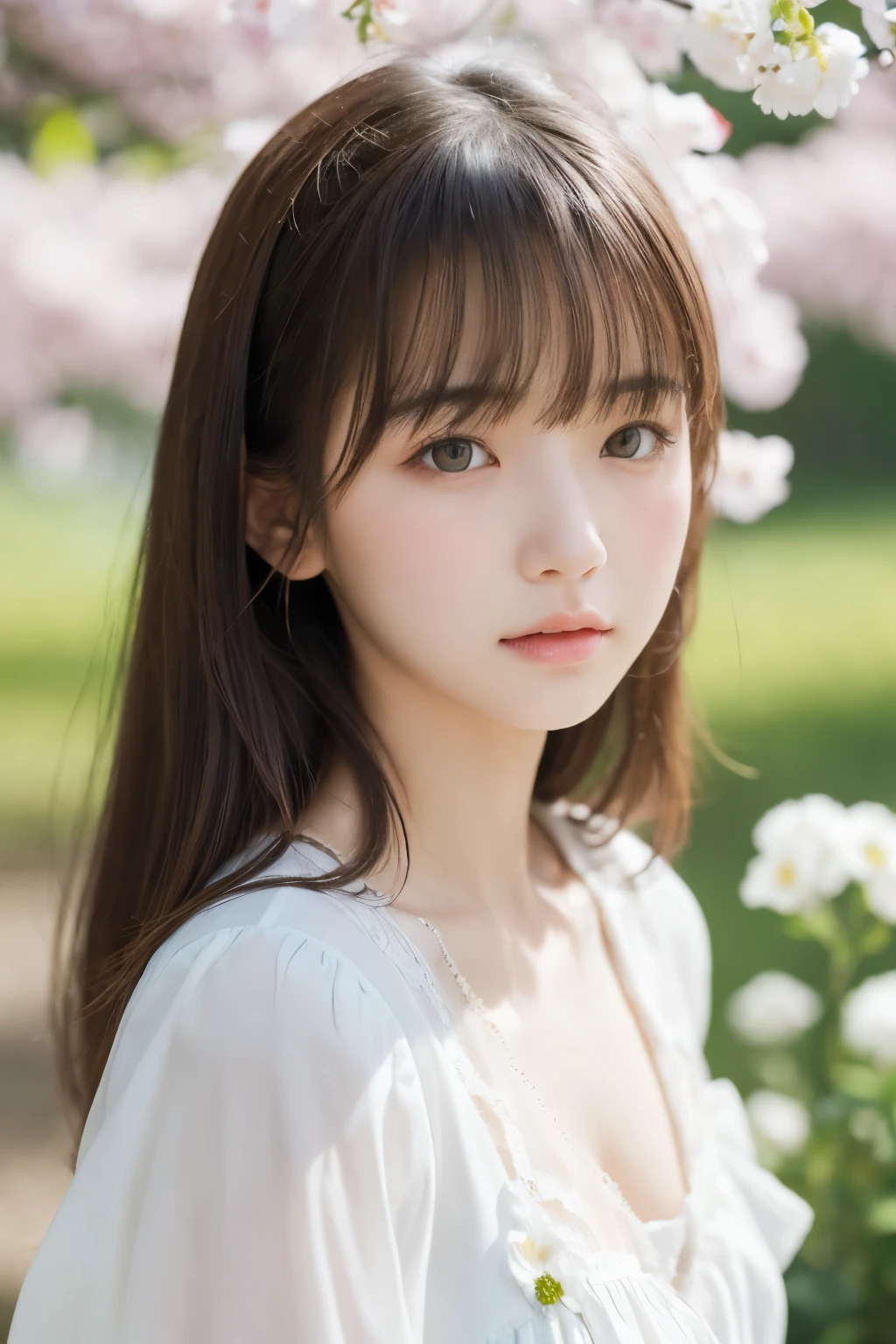 Masterpiece, Top Quality, Raw Photo, Beautiful Girl, (Delicate Beautiful Girl:1.3), (18 Years Old:1.3), (White Spring Clothes:1.3), Brown Eyes, With Bangs, Hair Blowing in Wind, Beautiful Girl, (Eye and Face Detail:1.0), Fair Color, (Innocent), Light Makeup, Not Looking At Audience, Angry Face, (Beautiful Girl), Glowing Cheek, ( light on cheeks), flower garden, relaxing, natural light , innocent, delicate face, white flowers, innocent girl, wind blowing, (windy)