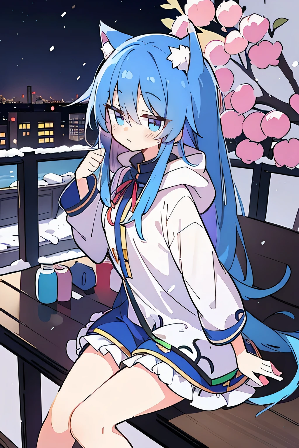 (masterpiece:1.2),Super detailed,lifelike,Expressive eyes,fair skin,perfect face shape,1 girl,
Japanese comics,Gorgeous blue hair,flowing blue hair,flowing clothes,Cat ears,Petals fall,beautiful lola,Baby Angel,
Shaking head with one hand,Cross your legs,Gentle and peaceful background,The pavilion is cool and comfortable,smile, wearing hoodie, background of tokyo,back views,snowing, winter.