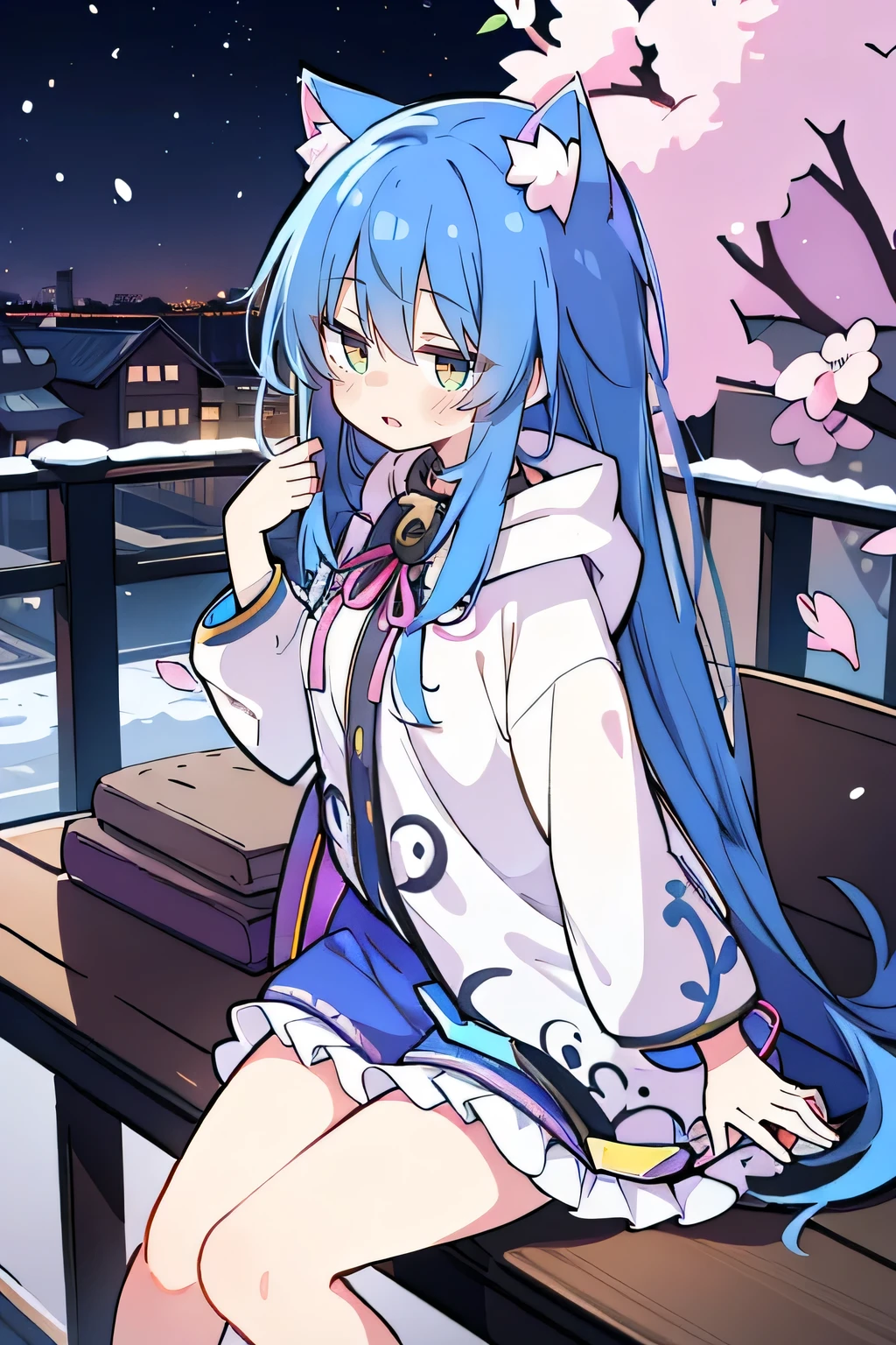 (masterpiece:1.2),Super detailed,lifelike,Expressive eyes,fair skin,perfect face shape,1 girl,
Japanese comics,Gorgeous blue hair,flowing blue hair,flowing clothes,Cat ears,Petals fall,beautiful lola,Baby Angel,
Shaking head with one hand,Cross your legs,Gentle and peaceful background,The pavilion is cool and comfortable,smile, wearing hoodie, background of tokyo,back views,snowing, winter.