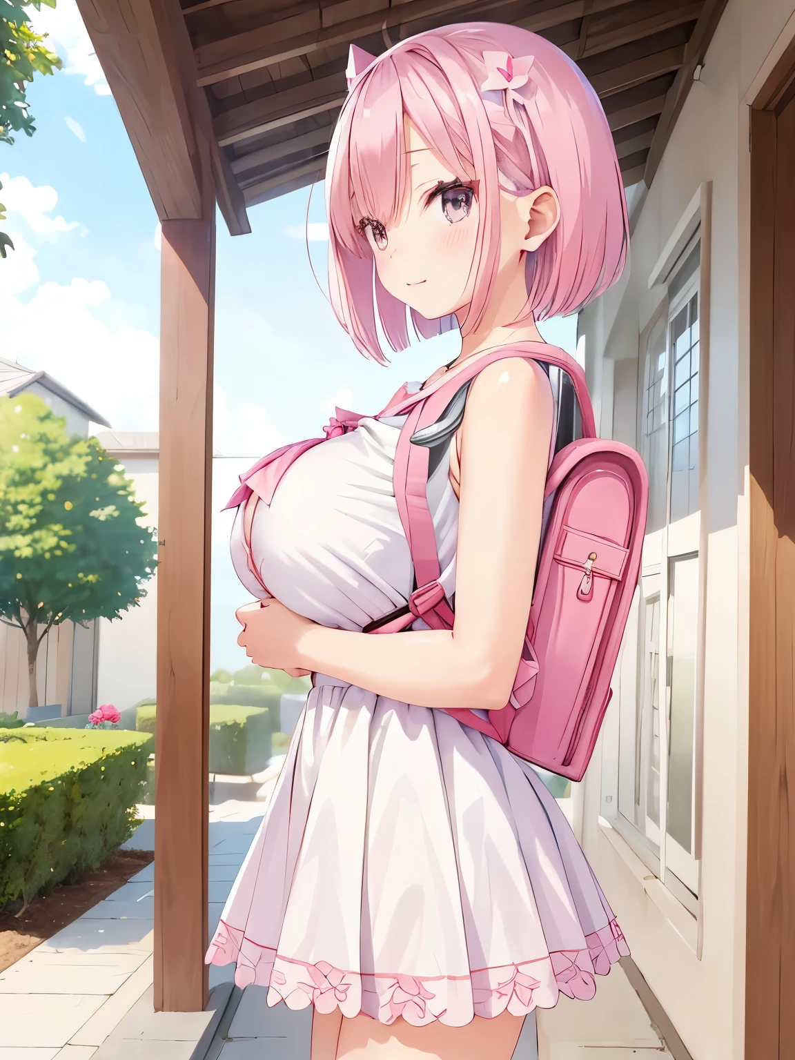 masterpiece, highest quality, High resolution, 1 girl,  
short hair, 
White One Piece Dress, Sleeveless, 
Outdoor, garden, 
pink carrying a school bag, (carrying randoseru backpack), 

huge breast, from side, 
blush, shy, 
tanikaze amane, pink hair, 