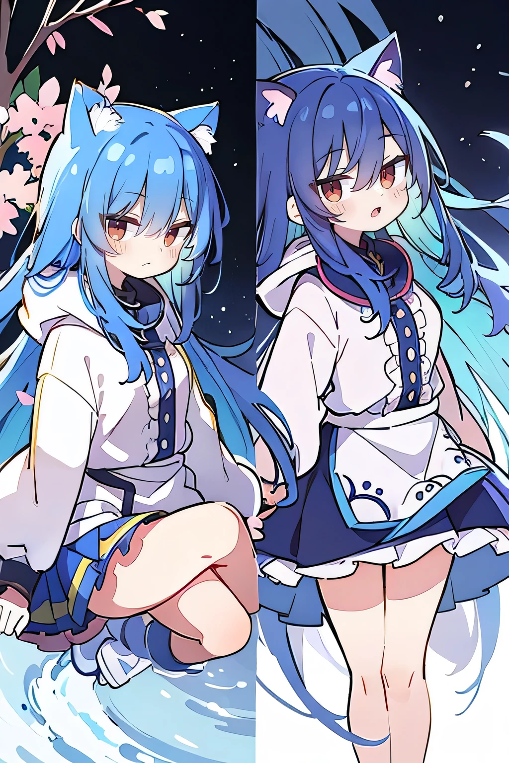 (masterpiece:1.2),Super detailed,lifelike,Expressive eyes,fair skin,perfect face shape,1 girl,
Japanese comics,Gorgeous blue hair,flowing blue hair,flowing clothes,Cat ears,Petals fall,beautiful lola,Baby Angel,
Shaking head with one hand,Cross your legs,Gentle and peaceful background,The pavilion is cool and comfortable,smile, wearing hoodie, background of tokyo,back views,snowing, winter.