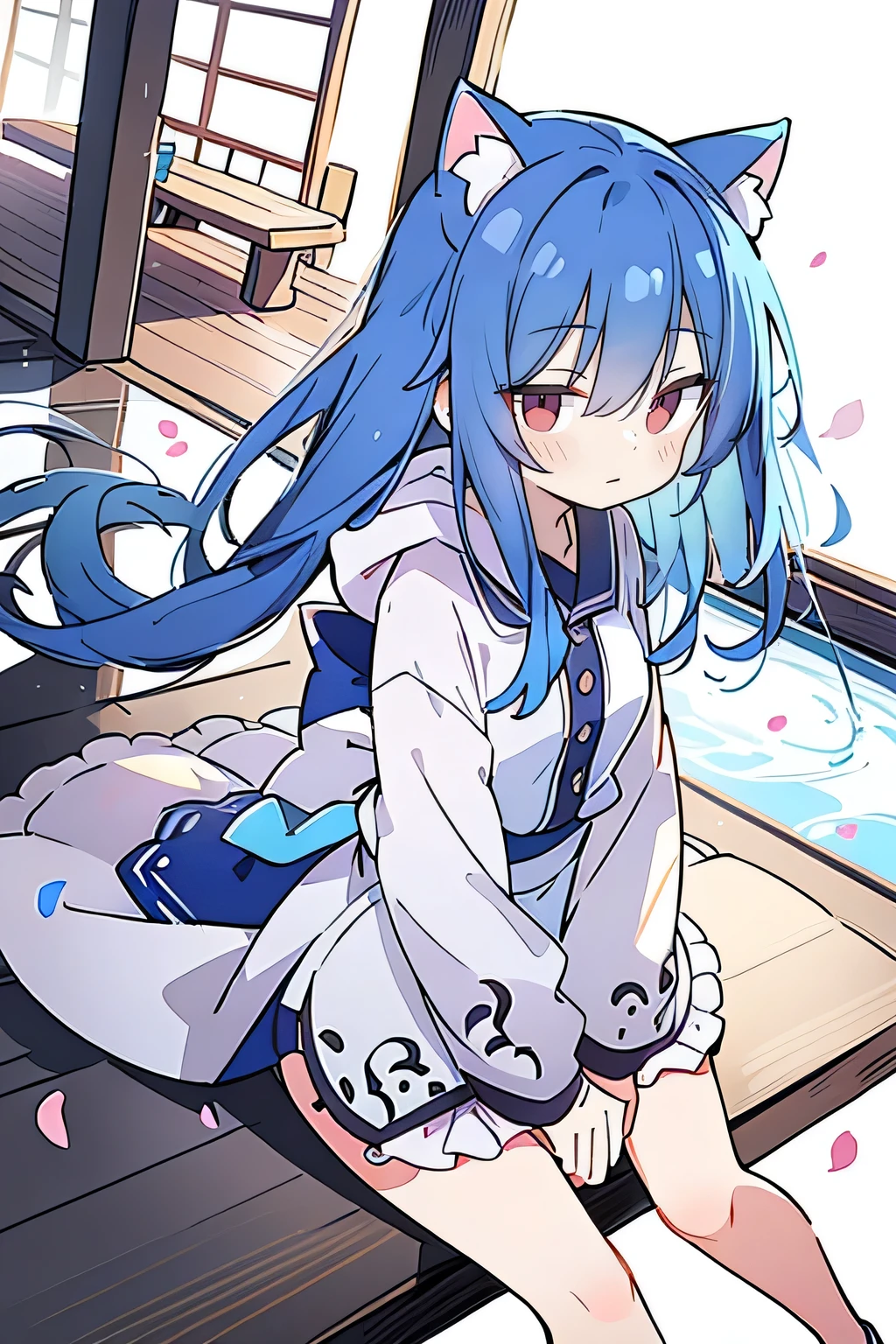 (masterpiece:1.2),Super detailed,lifelike,Expressive eyes,fair skin,perfect face shape,1 girl,
Japanese comics,Gorgeous blue hair,flowing blue hair,flowing clothes,Cat ears,Petals fall,beautiful lola,Baby Angel,
Shaking head with one hand,Cross your legs,Gentle and peaceful background,The pavilion is cool and comfortable,smile, wearing hoodie, background of tokyo,back views,snowing, winter.