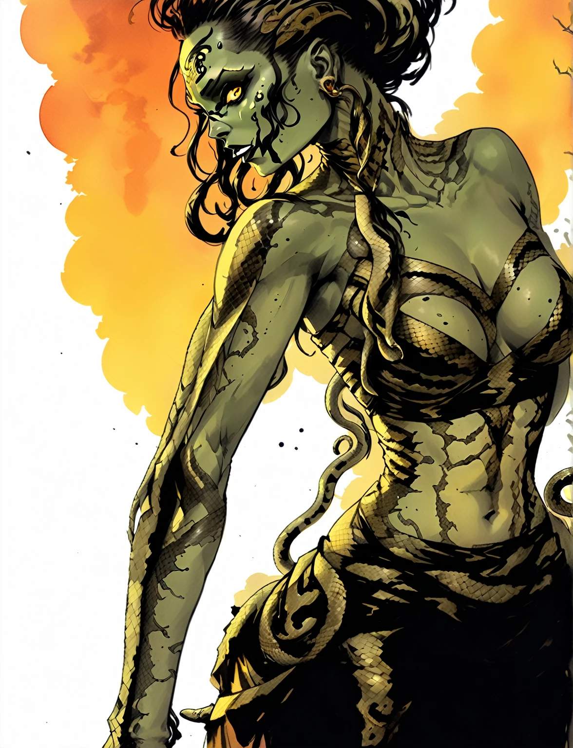 Medusa, splash page decompressed comic cover art, ink style figure,((expressive Joelle Jones and "Sean Gordon Murphy" comic drawing)), wordless, cinematic poster, double exposure, optical illusion, image within image, abyss void black no visibility darkness, full length portrait, (background, pine barrens, entropy, rewilding, magic hour sunset, galaxy stars, cosmos), (horror, abstract, surreal, body, cosmic), candid, snake skin dress, morphology anatomy drawn Frederic Delavier musculature anatomical illustration, (face, ornate black metal corpse paint, resembles Grace Jones), (body, Naga, snakefolk, lower body snake tail, snake woman hybrid, bald, hairless, skeleton, snake skin tattoos, piercing eyes, snake pupils, over the shoulder), (colors, bleak muted deep fiery radiant glowing ROYGBIV, forest green, earth brown), craftsmanship nuance, (Gerardo Zaffino charcoal), subliminal orchids, nyctophobia, silhouette
