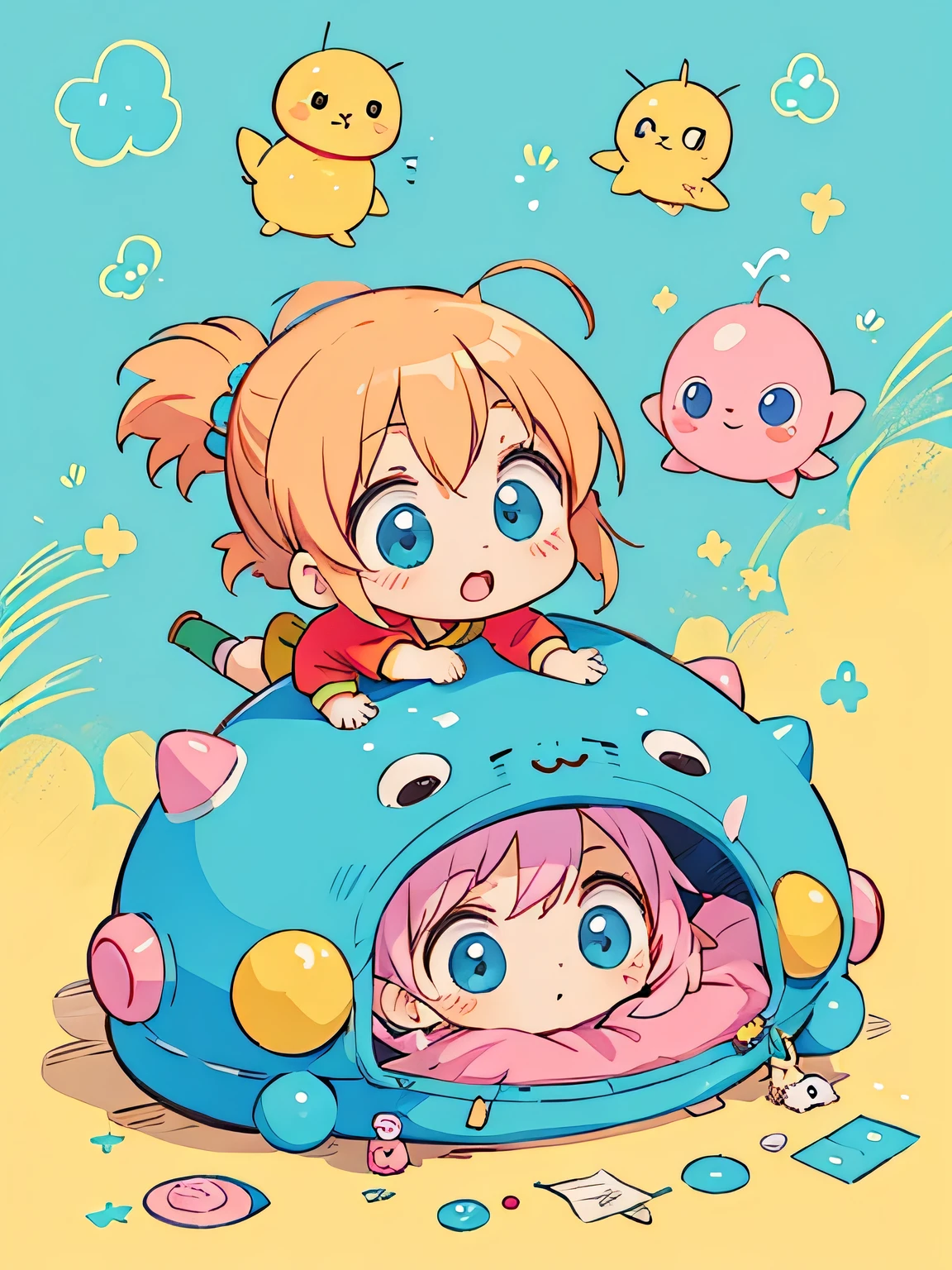 Akira Toriyama style, Kawaii Design, The most beautiful girl of all time、Chibi, play together、Cute Aliens