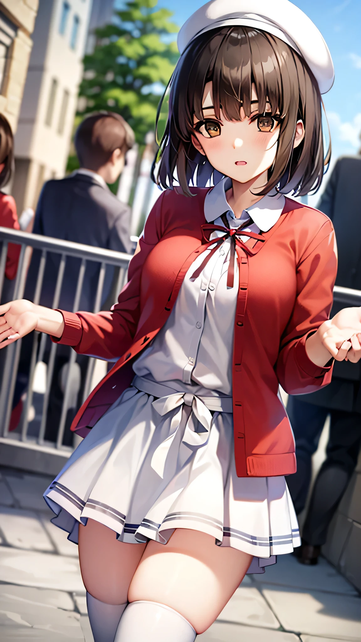 {{{masterpiece}}}, {{{best quality}}}, {{ultra-detailed}}, {illustration}, {{an extremely delicate and beautiful}}, 8k, Katou Megumi (SAEKANO), brown hair, short hair, (brown eyes:1.7), beret, cardigan, long sleeves, thighhighs, white thighhighs, dress, white dress, frills, dark blue ribbon tie, (red cardigan:1.5), (white hat:1.5), open cardigan, open clothes, pleated skirt, white skirt, thighs, zettai ryouiki, BREAK, In town, standing, outdoor, daytime, crowd of people, posing, looking at viewer