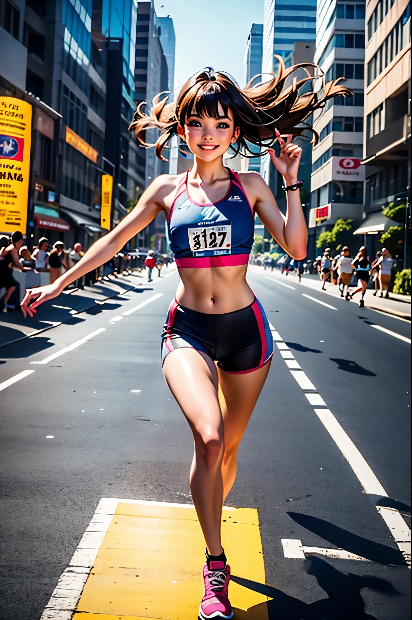 1980's movie poster, romantic comedy, (masterpiece, best quality), beautiful runner, logo runner t-shirt, runner shorts, wind blown, asymmetrical bangs, perfect face, beautiful face, alluring, big gorgeous eyes, determined happy smile, perfect slim fit body, city streets, (outdoor), Bangkok city bright and early morning, bright colors, a marathon race, men and women chasing