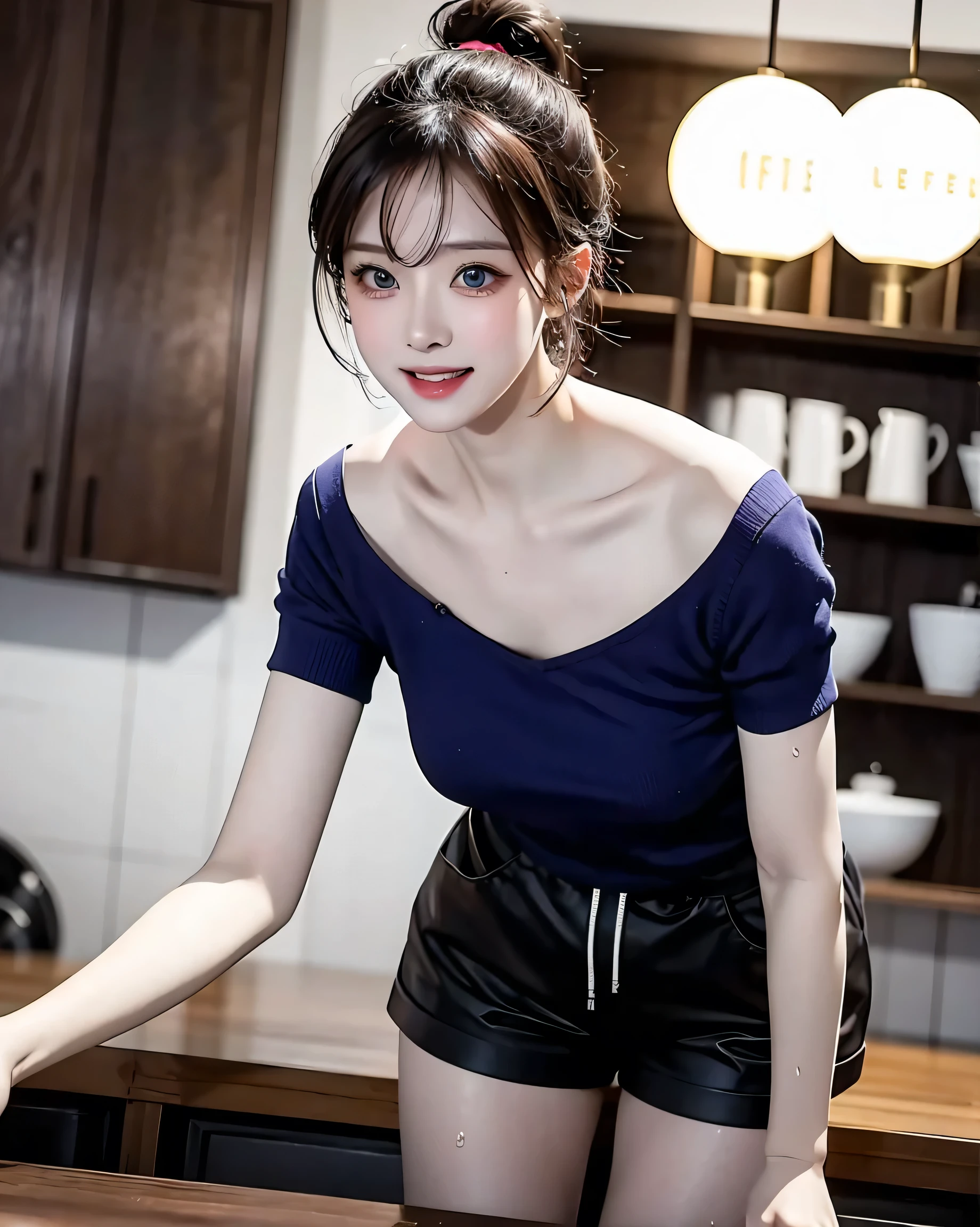 highest quality, Realistic, (gray short hair girl), With fair skin and captivating blue eyes, Moist Skin, Detailed face, Shiny eyes, (Wearing shorts), Adopt a curvaceous posture, Moist Skin, every day、At the cafe, Happy, smile, High ponytail and large breasts, Wet udder、Wet breasts、Big and soft breasts、Stained Skin, Inverted nipples、Bold exposure、Wet Skin、Moist Skin、Captivate your audience、Leaning forward、Adopt a curvaceous posture, Blurry back