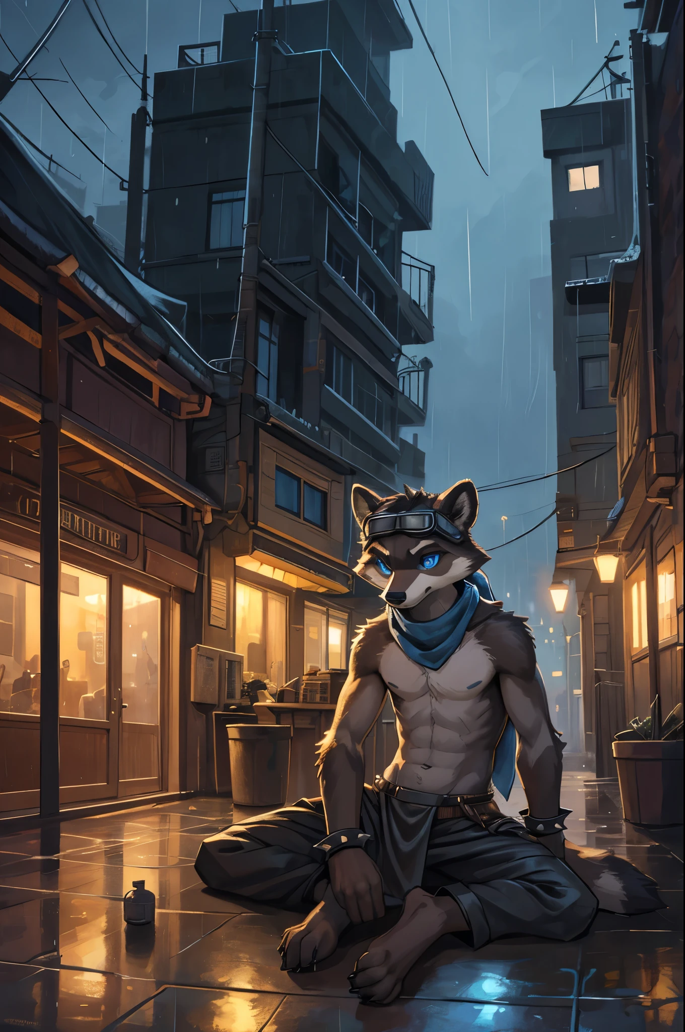 no lighting, deep shadow, dynamic angle, Solo, furry, furry, teenccoon, grey body, long brown spiked_ponytail, Detailed body fur, long blue scarf, leather_harness, black_loincloth, goggles, masterpiece, gray body, Detailed face, big eyebrows, blue eyes, detailed eyes, No muscles, Detailed hands, Flat body, Skinny, Detailed paws, metal cuffs on wrists, metal cuffs on ankles, black baggy pants, no shirt, city, night, raining, no underwear, laying, art by kenket