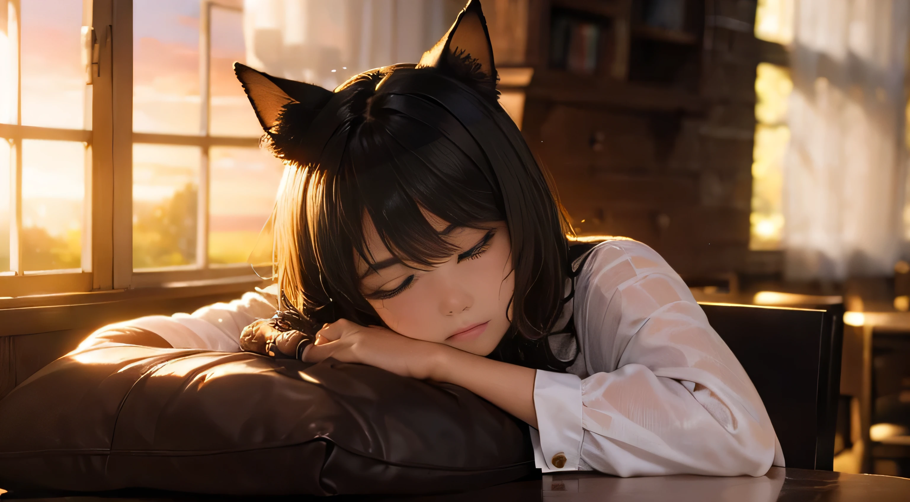 A beautiful girl with cat ears who fell asleep while studying, a stylish room, indirect lighting, and the sunset shining through the window.