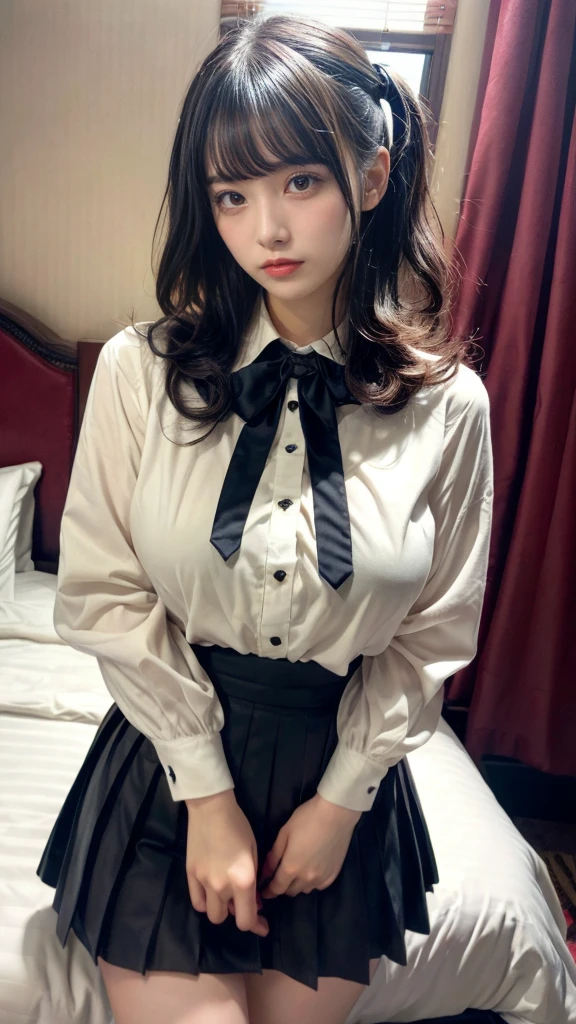 muste piece, best quality, illustration, Super detailed, fine details, High resolution, 8K,wall paper, perfect dynamic composition,(Details High quality, realistic depiction of eyes:1.3), short hair, (wavy hair:1.2), blouse、pleated skirt, pleated skirt, Layered Cut, black hair color, Big Natural Color Lip, hotel room, crying a little、cold gaze, Harajuku style、20 year old girl、cute type、ta, Gravure Idol, full body photo、focus on crotch, huge breasts