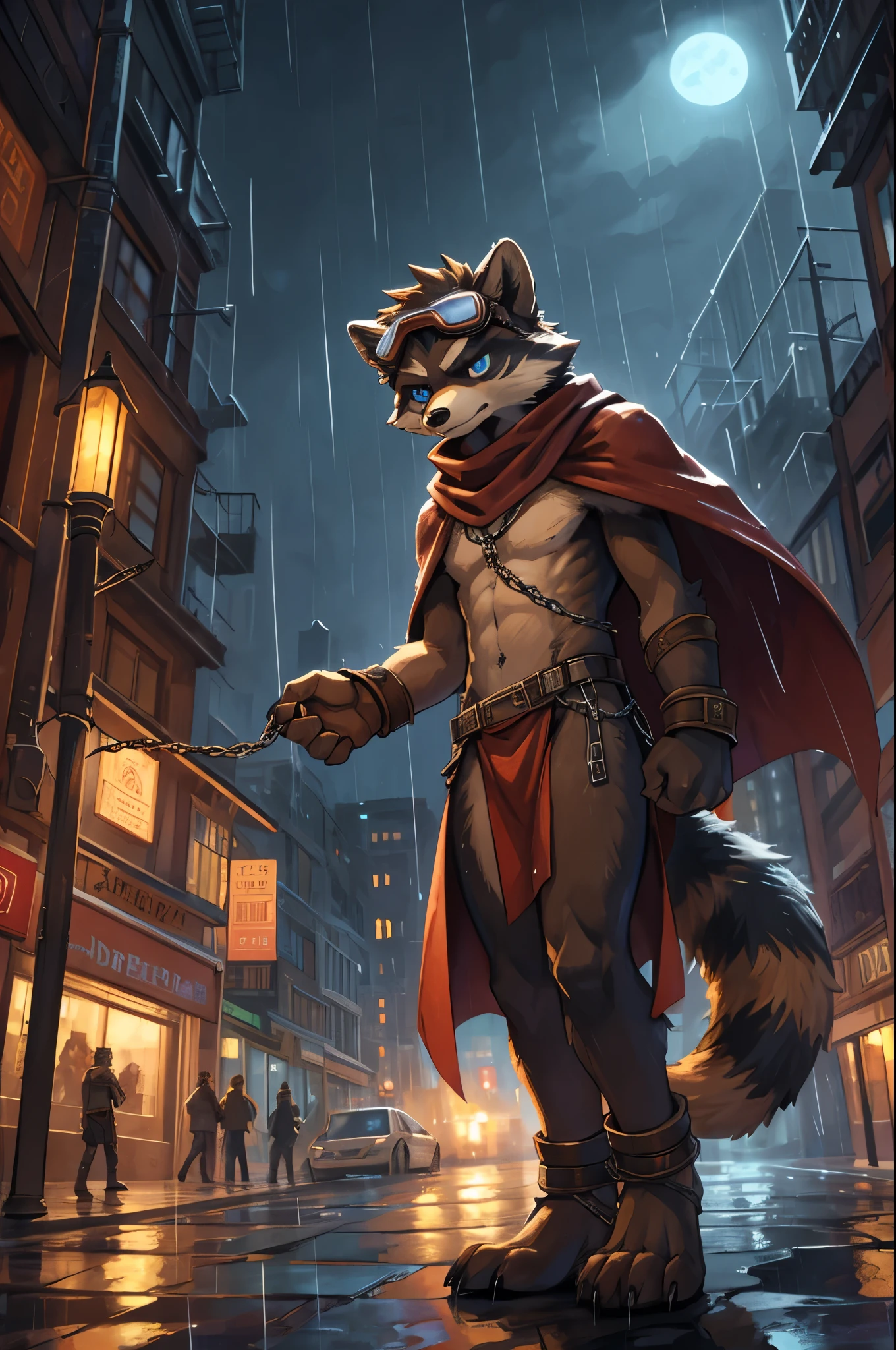 no lighting, deep shadow, dynamic angle, masterpiece, high quality, hi res, solo, young Furry, furry, young, raccoon, spiked brown hair only on head, red scarf, blue eyes, goggles, chain harness, Black loincloth, red cape, masterpiece, detail body, fur all over body, detailed face, detailed eyes, detailed hands, Skinny, claws, high resolution, metal cuffs on wrists, metal cuffs on ankles, no shirt, no underwear, city, night, raining, angry, art by kenket