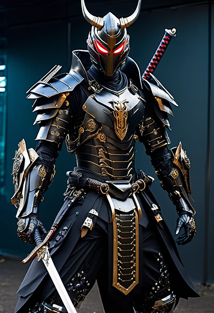 araffe dressed in a black suit holding a sword and a sword, cyborg samurai, cyber japan samurai armor, cyberpunk samurai, very beautiful cyberpunk samurai, full samurai armor spiderman, bio - mechanical ninja samurai, portrait of a cyberpunk samurai, cyber japan style armor, cyber japan armor, celtic and cyberpunk armor, black bull samurai, intricate assasin mecha armor