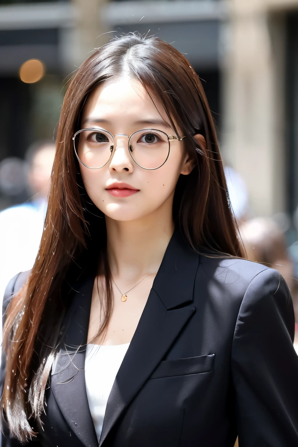 ((highest quality)), ((masterpiece)), (detailed), Intelliential style、Beauty、Glasses、suit、long hair、Straight face、Upper Body