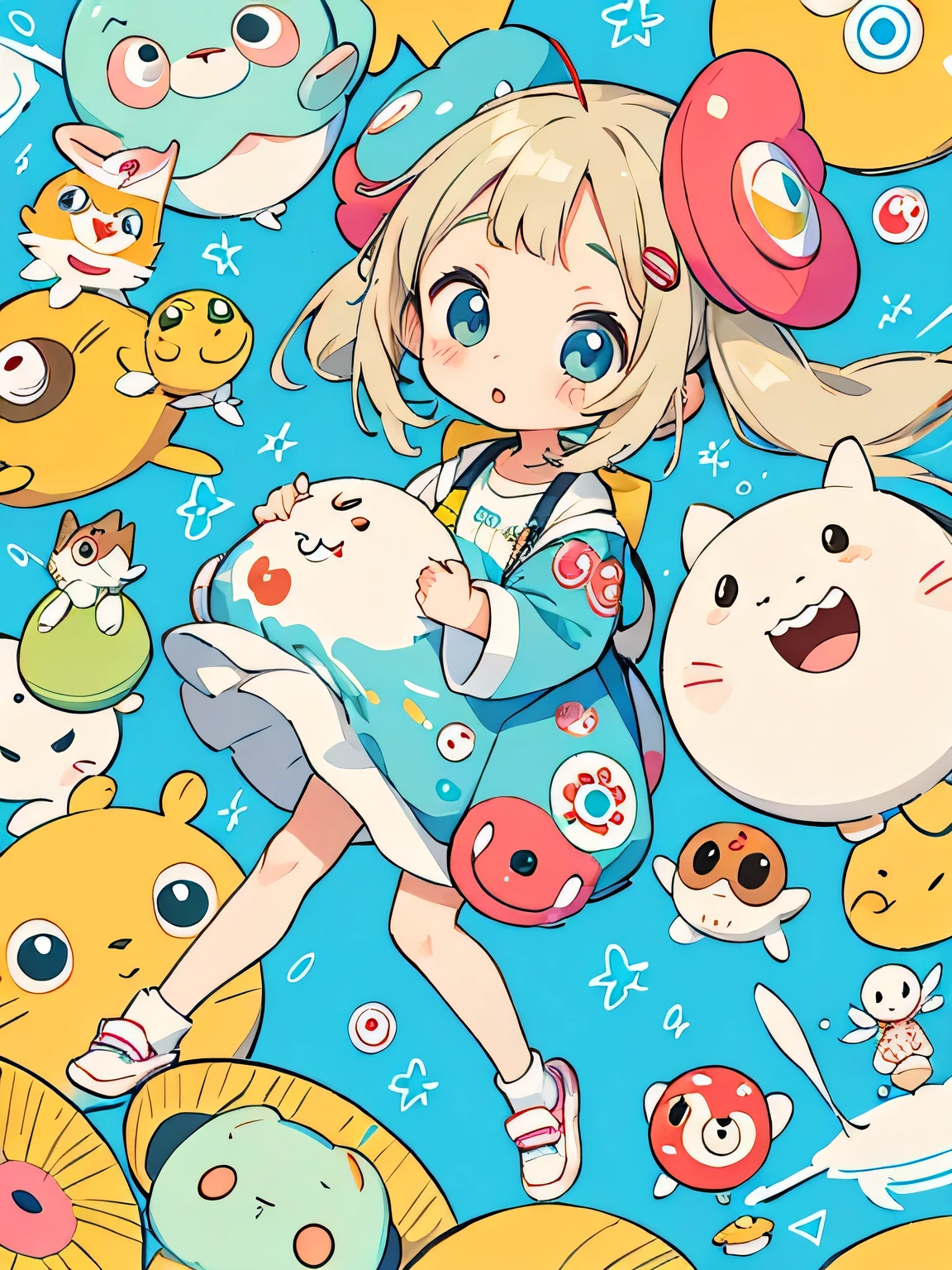 Takashi Murakami style, Kawaii Design, The most beautiful girl of all time、Chibi, play together、Cute Aliens,