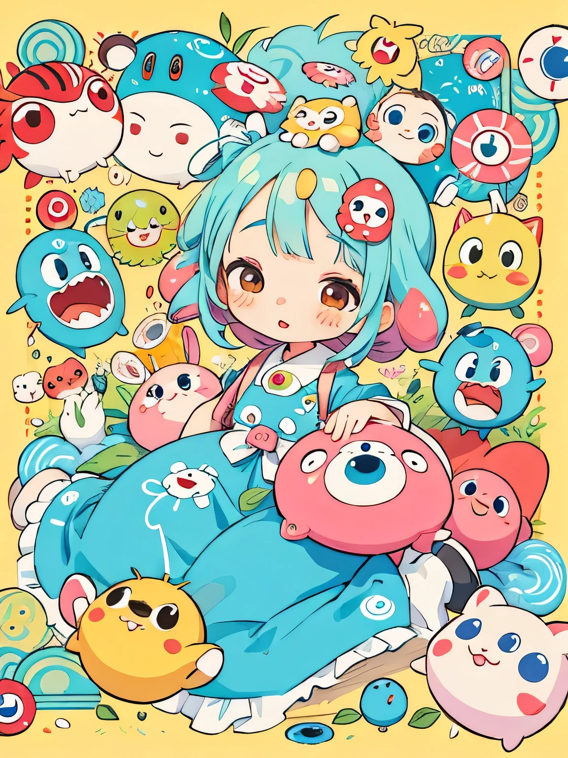 Takashi Murakami style, Kawaii Design, The most beautiful girl of all time、Chibi, play together、Cute Aliens,
