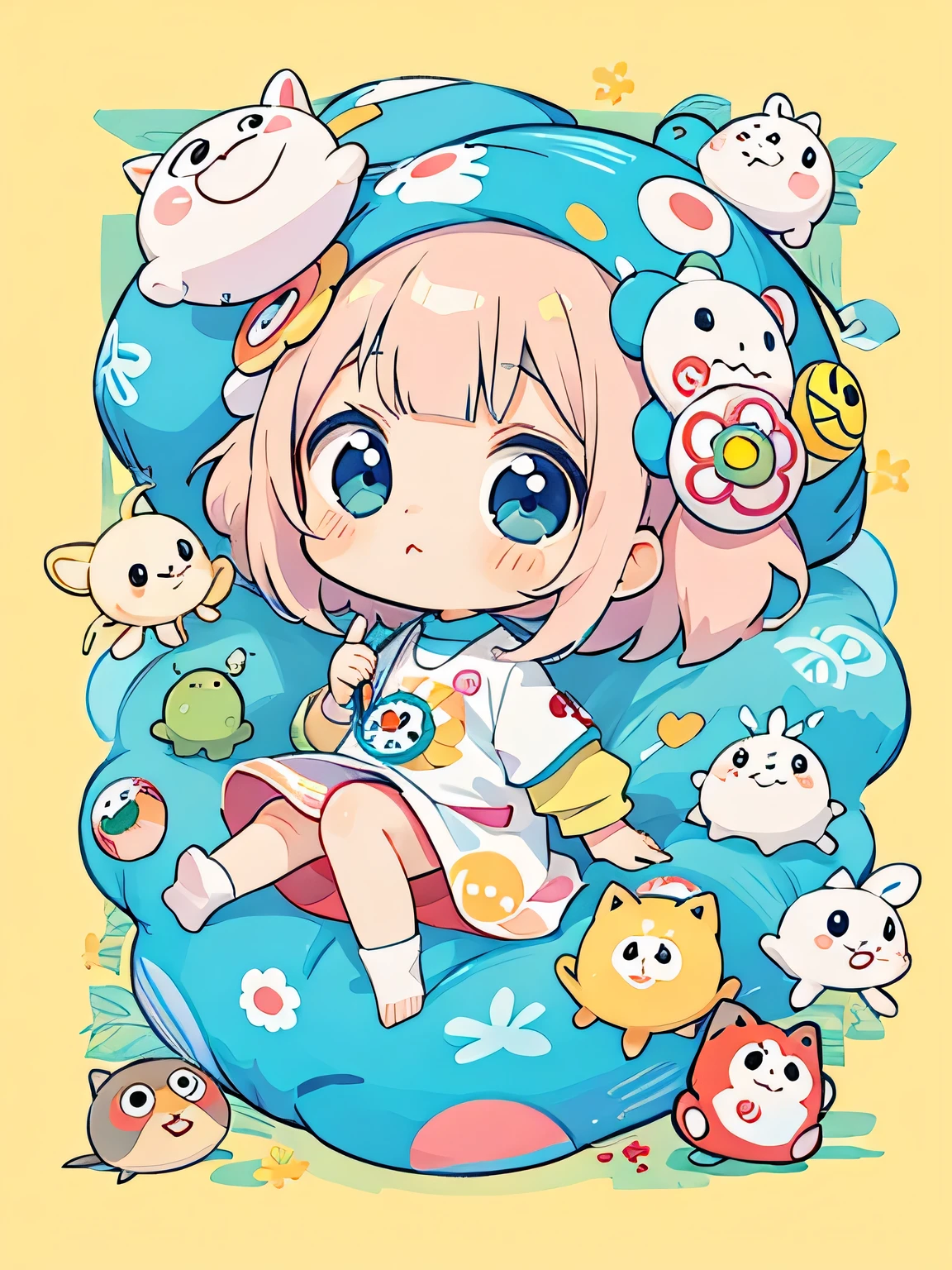 Takashi Murakami style, Kawaii Design, The most beautiful girl of all time、Chibi, play together、Cute Aliens,