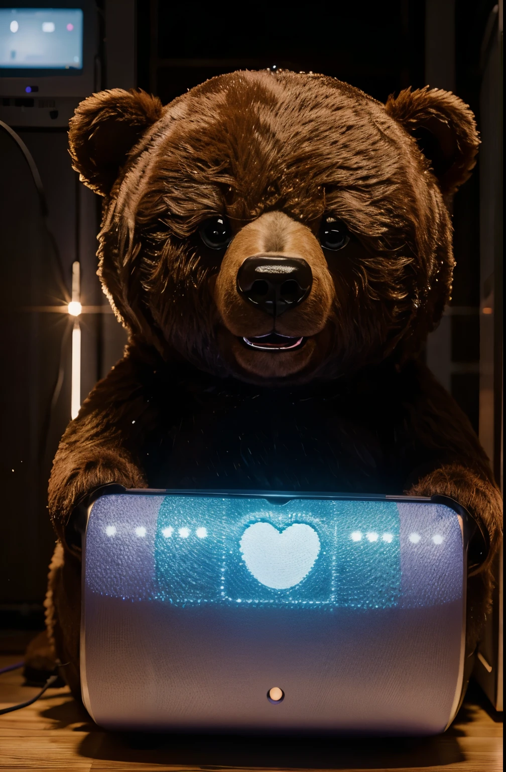 Generate a cute bear who wants your fiber optic Internet on a purple background