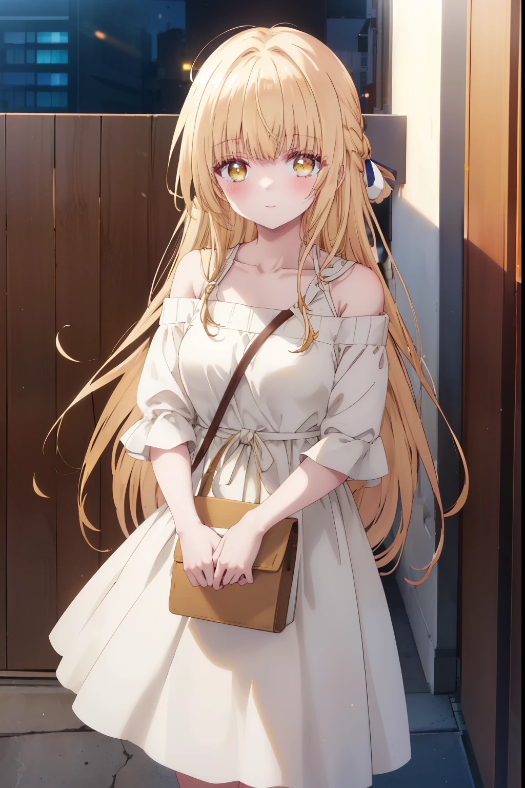 mahirushiina, Mahiru shiina, bangs, Blonde, Brown Hair, (Yellow Eyes:1.3)Straight long hair,,blush,smile,Bare neck,bare clavicle,Exposing shoulders,White off-the-shoulder sweater,Black long skirt,Cute Sandals,bag:Carrying 1 on your shoulders,Daytime,Light of the sun,
break outdoors,city,スーパーマーケット入り口
break looking at viewer,Delete from top,whole body, (Cowboy Shot:1.5),
break (masterpiece:1.2), highest quality, High resolution, unity 8k wallpaper, (shape:0.8), (Fine and beautiful eyes:1.6), Highly detailed face, Perfect lighting, Highly detailed CG, (Perfect hands, Perfect Anatomy),