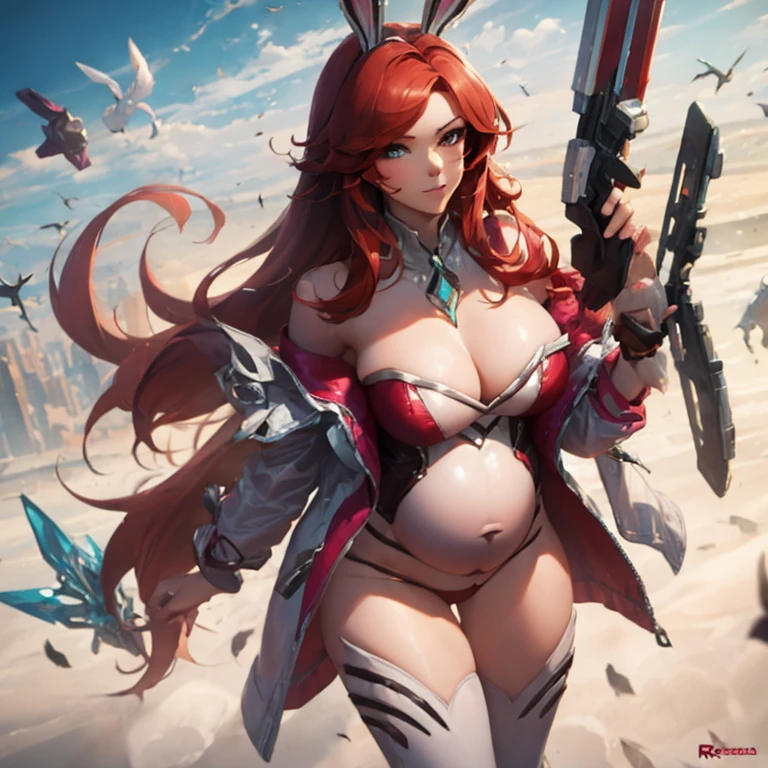 Sexy pregnant battle bunny miss Fortune, red hair, tight bunny suit, cleavage