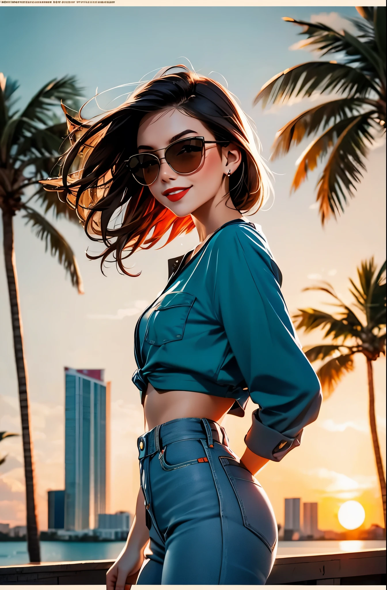retro 90’s girl, Miami, sunset, Ferrari, palm tree, 90's movie poster, smirk smile, action, dark sunglasses