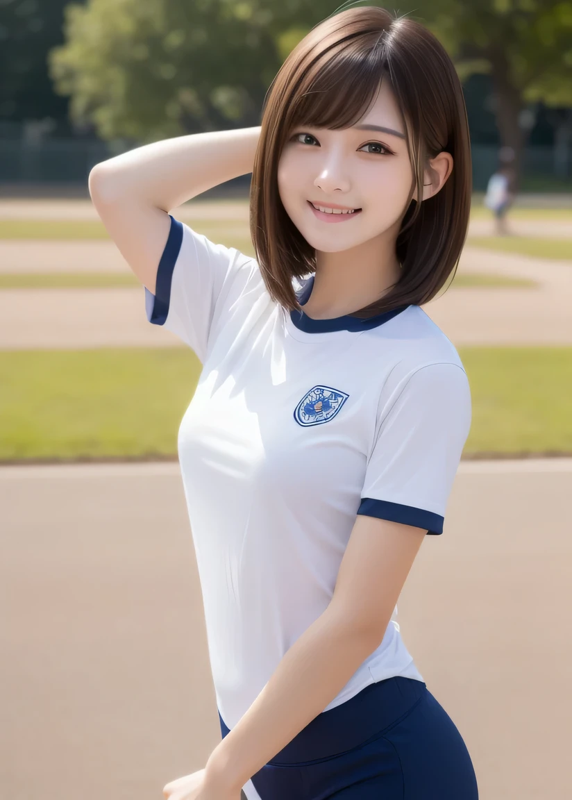 masterpiece,best quality,higher , 1girl, plain shirt, solo, gym uniform, realistic, plain white short_sleeve shirt, (buruma),beautiful face,face focus,(at school ground:1.3), , ((arms at sides down)),((full slender body photo)) ,(Do not enphasize the top of bust), Amazing face and eyes, (silky brown hair, (hime cut hair:1.2)), , , delicate, (Best Quality:1.4), (Ultra-detailed), (extremely detailed beautiful face),, brown eyes, (highly detailed Beautiful face), , (extremely detailed CG unified 8k wallpaper), Highly detailed, High-definition raw color photos, Professional Photography, Realistic portrait, Extremely high resolution, ,, ,,(Photo from the thigh up),  smile, (standing),