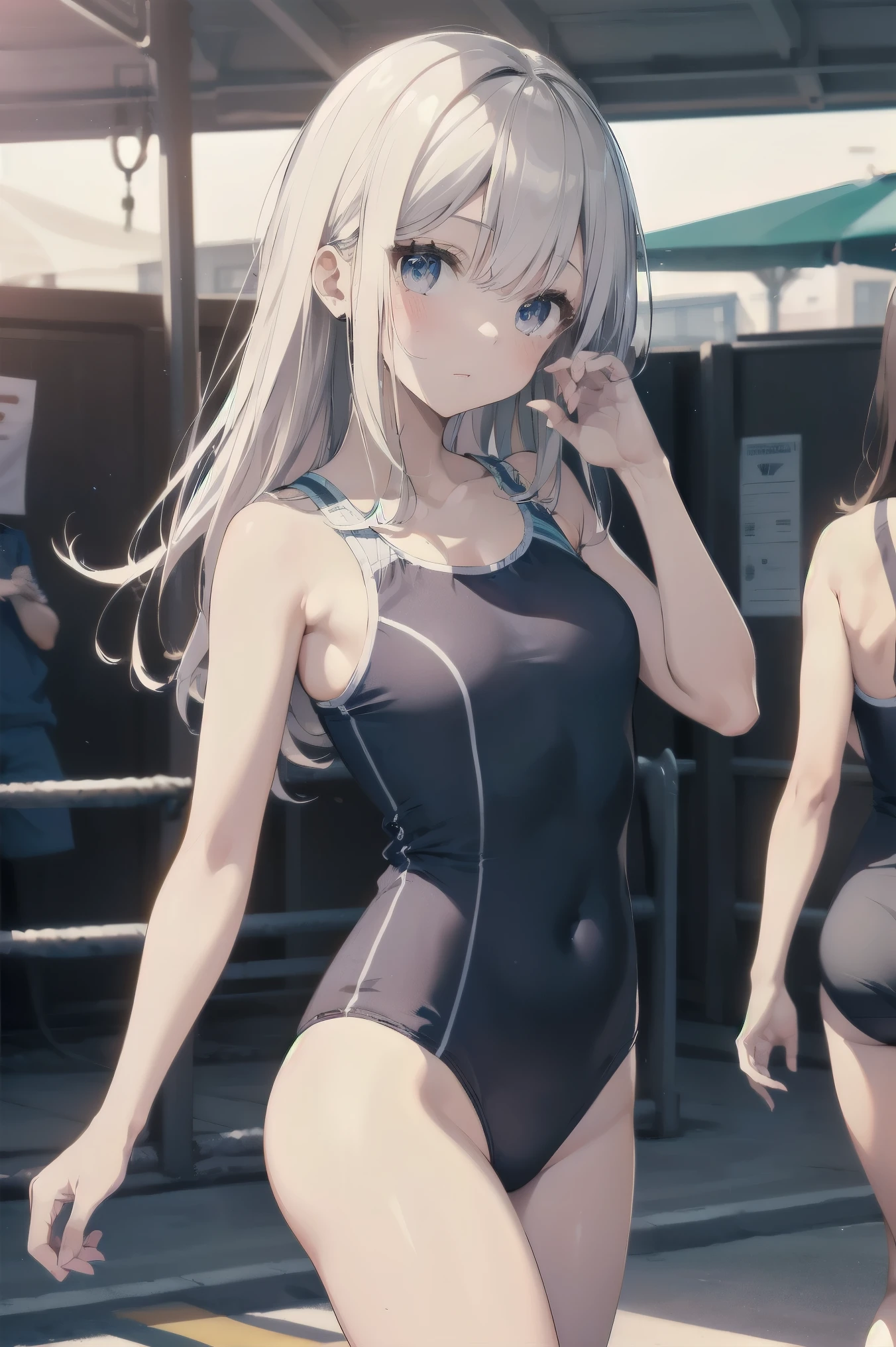 high quality、最high quality、Complete limbs、Ultra-high resolution、Shining Eyes、Full hands and fingers、Slender beauty、Wearing a white school swimsuit、White skin, View your viewers,, No correction, arms on the back, throw, bangs, Focus Only , break , grasp, Last, Girl Grabbed by the Chest ,Girl's outstretched arms, (Molestation), Grabbing someone else's breasts, ((throw hands grabbing girl's chest:1.5))