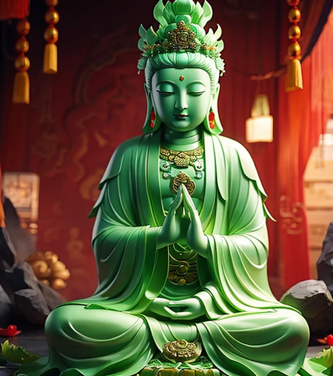 Guan yin statue made of jade and jewelry with many hands, crystal clear, shinning, Chinese haven background , holly light, ancient style