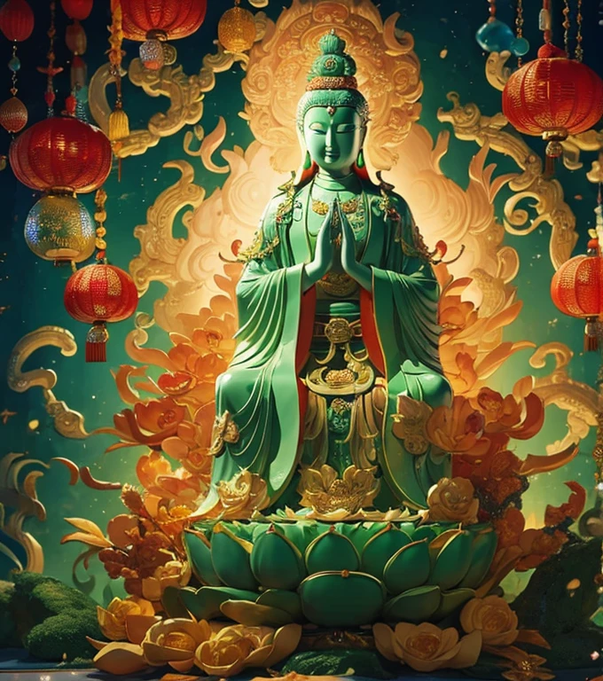 Guan yin statue made of   jade and jewelry with many hands, crystal clear,  shinning, Chinese haven background , holly light,  ancient style