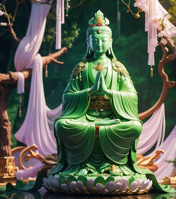 Guan yin statue made of   jade and jewelry with many hands, crystal clear,  shinning, Chinese haven background , holly light,  ancient style