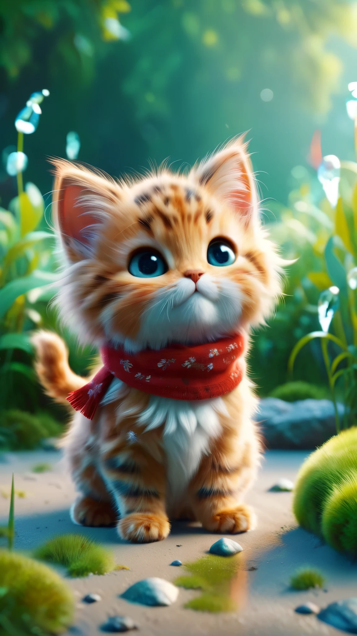 ral-fluff,chibi,masterpiece,best quality,original,official art,1cat,red scarf,grass,blurred background,cartoon rendering,beautiful detailed glow,(detailed ice),beautiful detailed water,and I want the Disney Pixar style in a white background painted by watercolor 3DAnimationStyle,