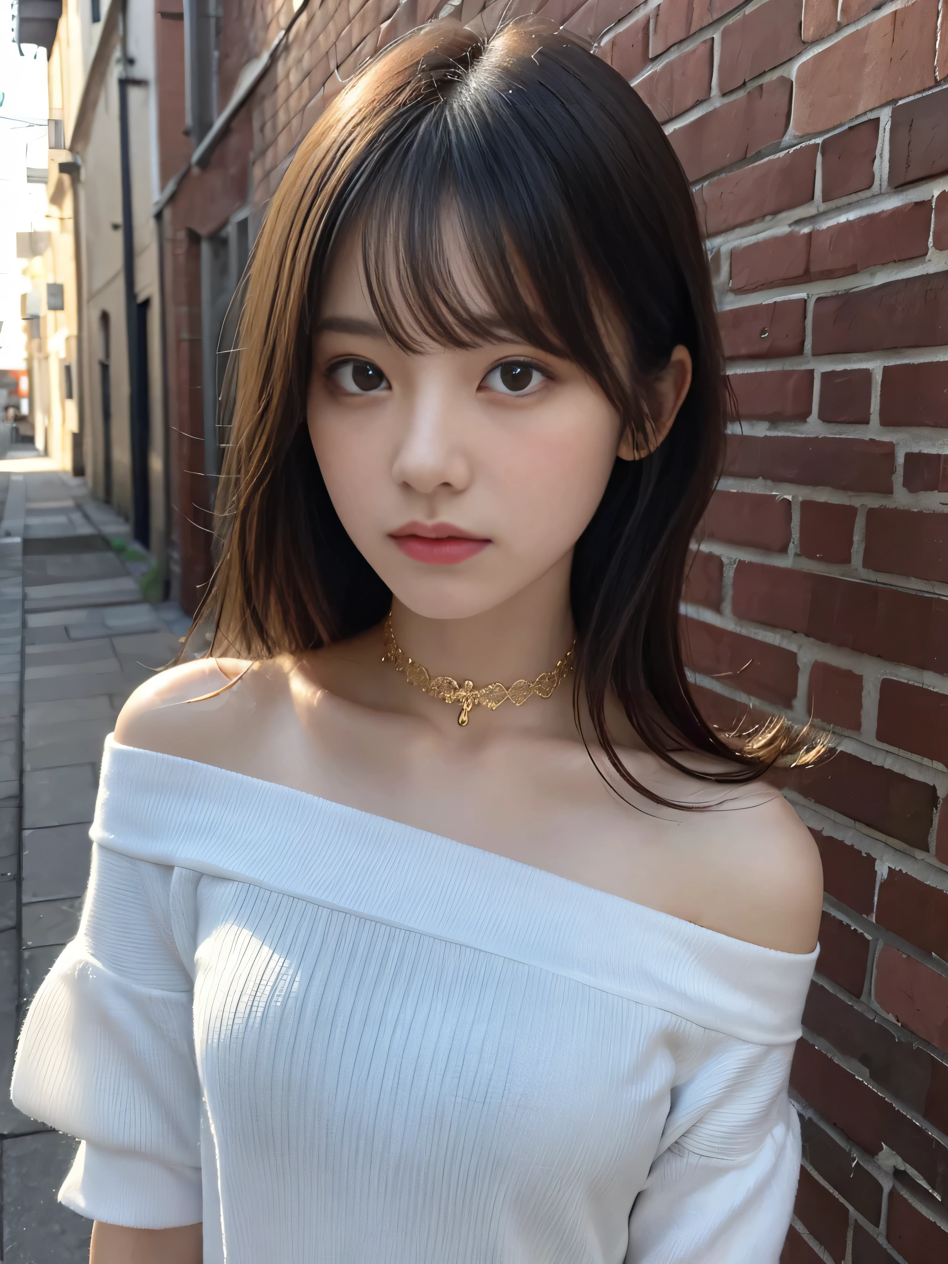 ultra realistic 8k cg, masterpiece, ((ultra detailed background, delicate pattern, intricate detail)), best quality, intricate details, chromatic aberration, 1girl, long hair, golden hair, messy hair, red highlights, hair over one eye, sharp eyes, choker, brick wall, graffiti, dim lighting, alley, oversized shirt,off shoulder, see through white shirt, Masterpiece, best quality