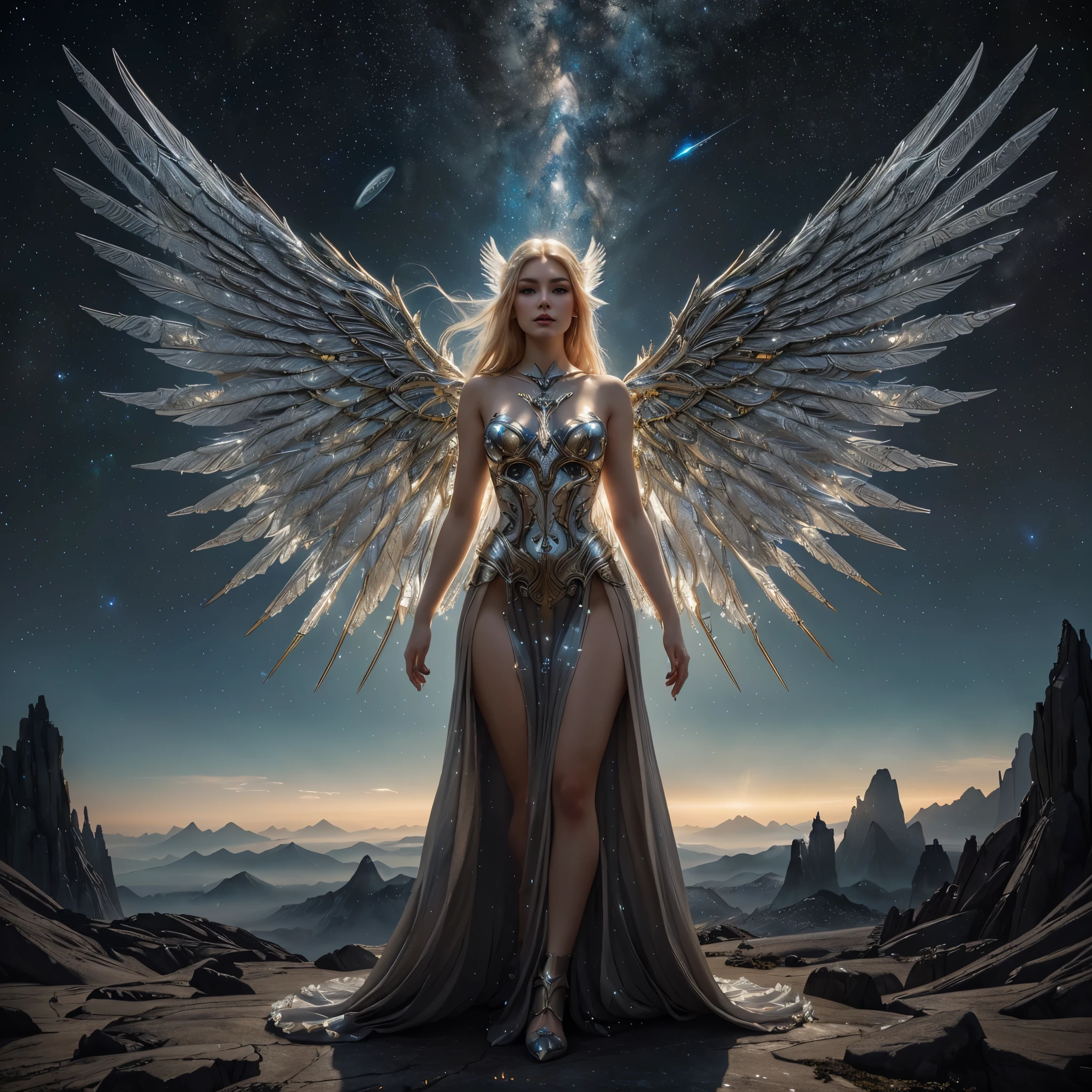 there is a woman in a dress with wings standing on a rock, beautiful cyborg angel girl, super wide angel, fantasy art behance, elven angel meditating in space, winged human, breathtaking fantasy art, epic angel wings, dramatic fantasy art, symmetrical epic fantasy art, as a mystical valkyrie, beautiful fantasy art, 4k highly detailed digital art