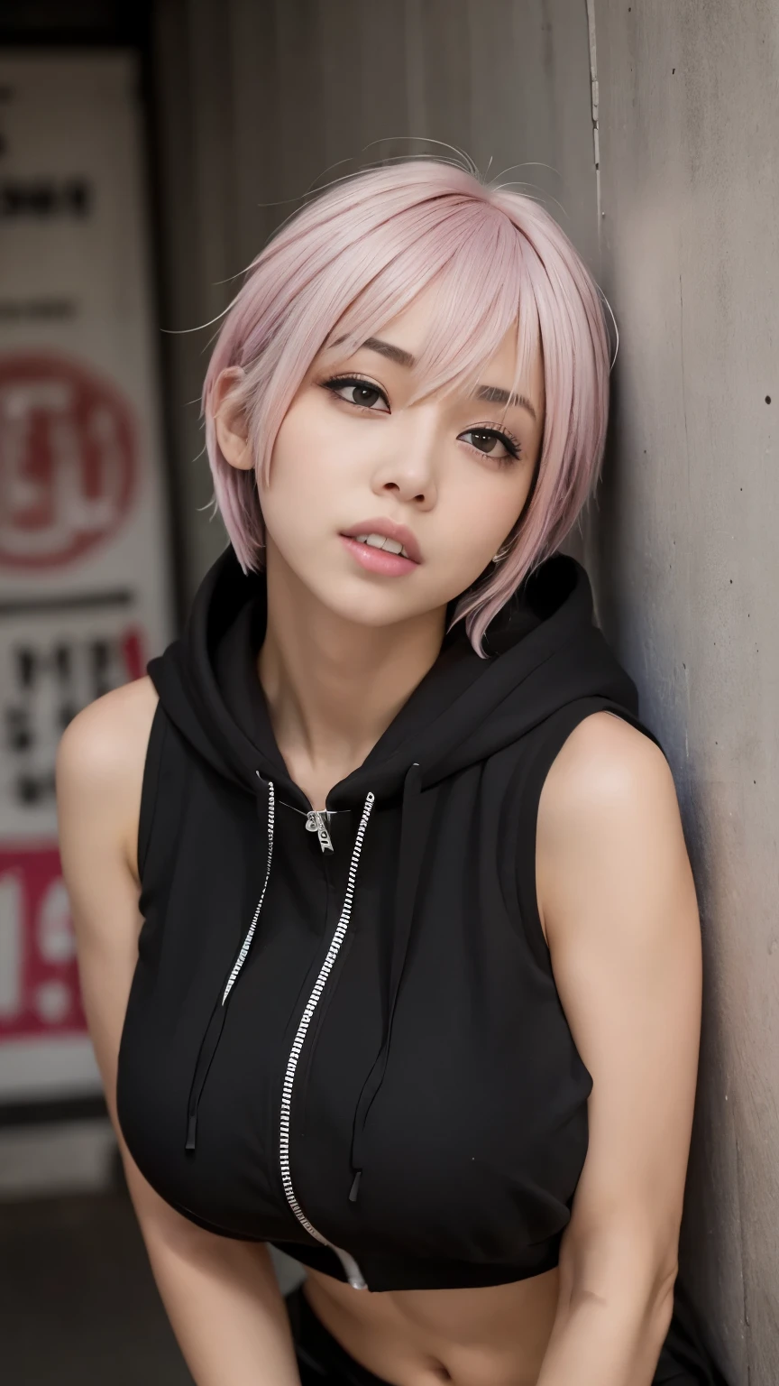 (head shot:1.5),highest quality, Little Woman, nice,whole body, , {{{Beautiful face in every detail}}}, Beautiful empathy (black) eye, Dead Rolling eye, short hair, {Shaggy Cut}, bright (pink) Highlighted Hair, pinkの縞模様の髪, Bare arms, Standing in front of a wall covered in hip hop graffiti, Pixie cut white hair, He is wearing a short tank top and an open-zipped hoodie..,I can see your chest,Nice ass,Wear a New Era cap