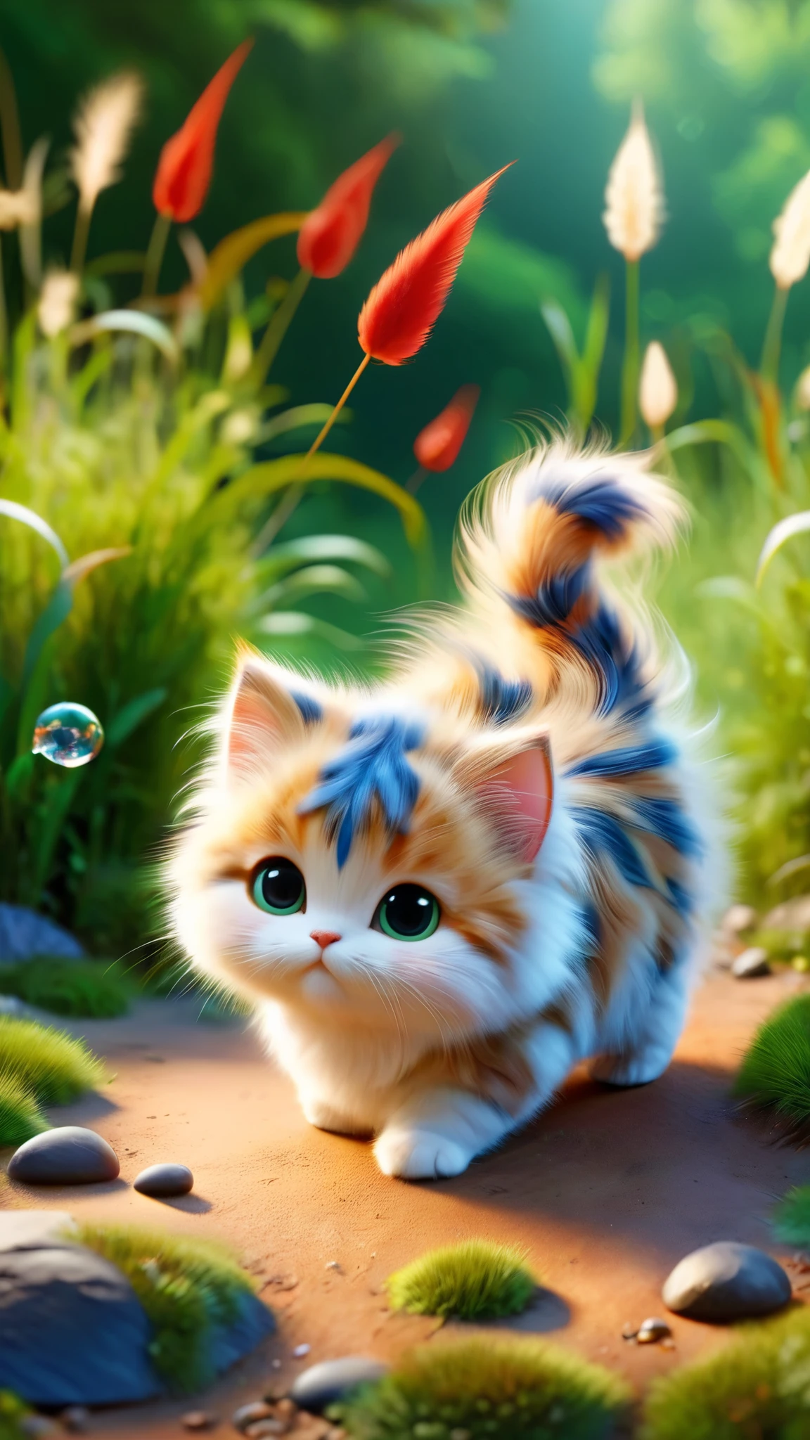 ral-fluff,chibi,masterpiece,best quality,original,official art,1cat,red scarf,grass,blurred background,cartoon rendering,beautiful detailed glow,(detailed ice),beautiful detailed water,and I want the Disney Pixar style in a white background painted by watercolor 3DAnimationStyle,