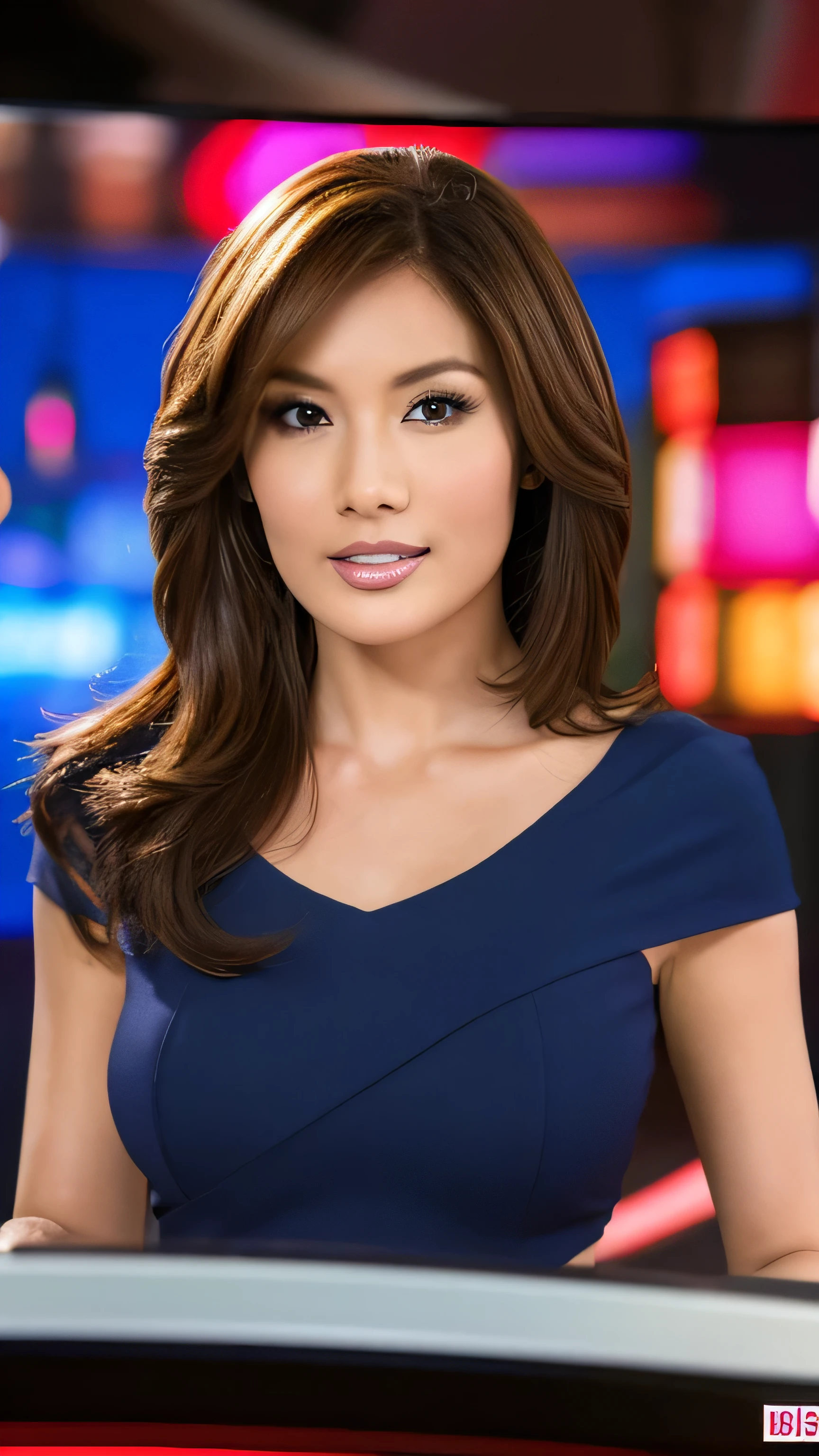 BBC World News, Beautiful newscaster, On air, Television studios, Large LED Display, UHD, retina, masterpiece, ccurate, anatomically correct, textured skin, super detail, high details, high quality, award winning, best quality highres, Famous Hollywood actress,