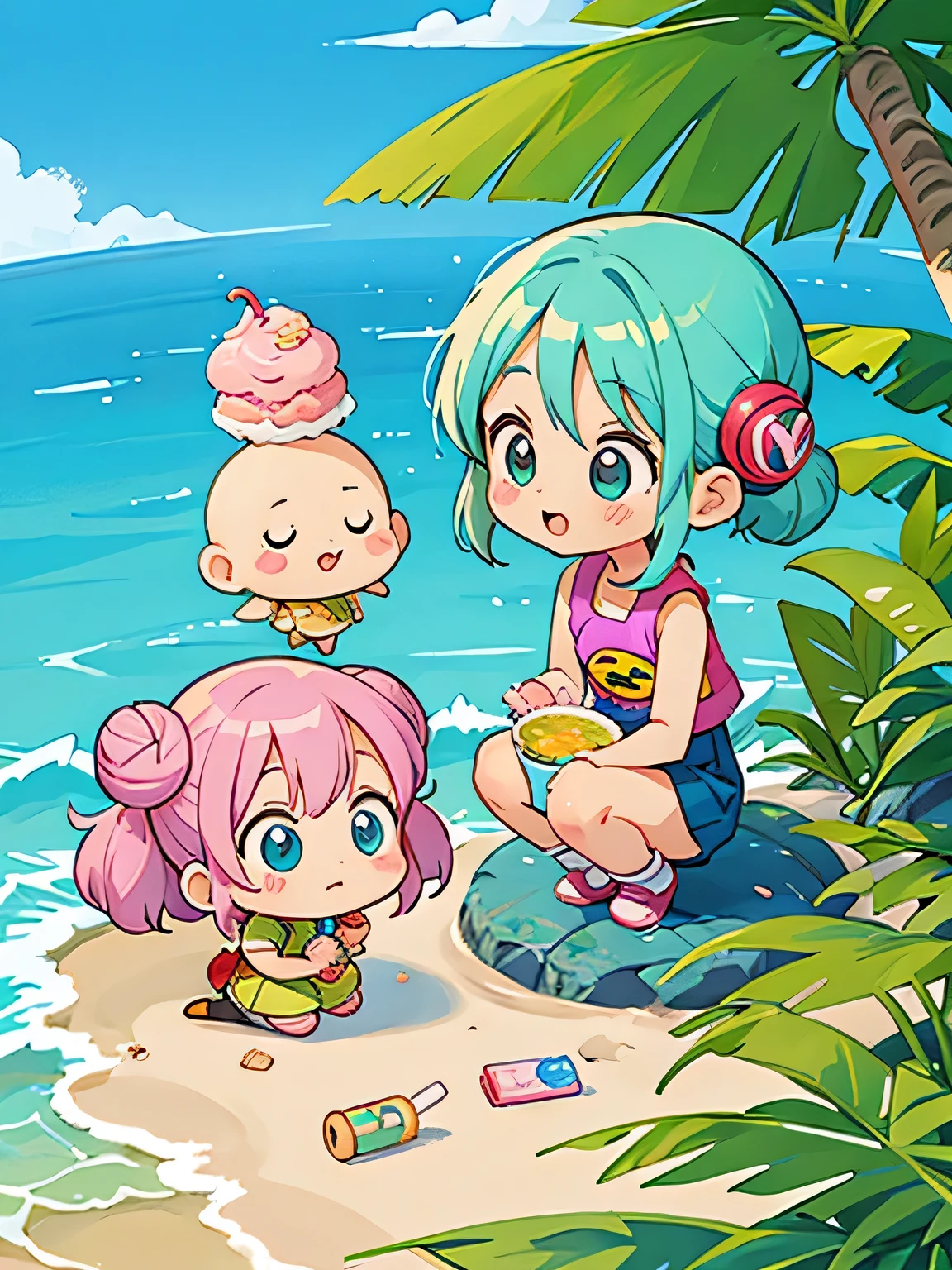 Akira Toriyama style, Kawaii Design, The most beautiful girl of all time、Chibi, play together、Cute Aliens, Hawaii, summer, ice cream