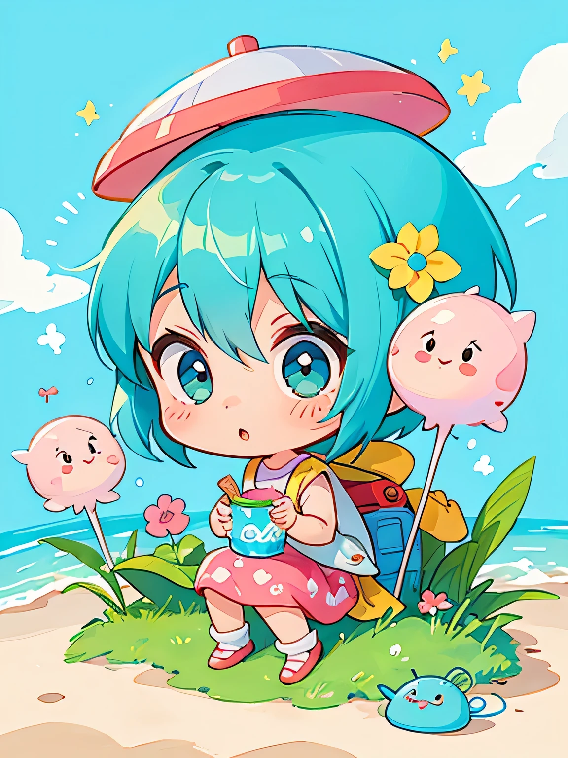 Akira Toriyama style, Kawaii Design, The most beautiful girl of all time、Chibi, play together、Cute Aliens, Hawaii, summer, ice cream