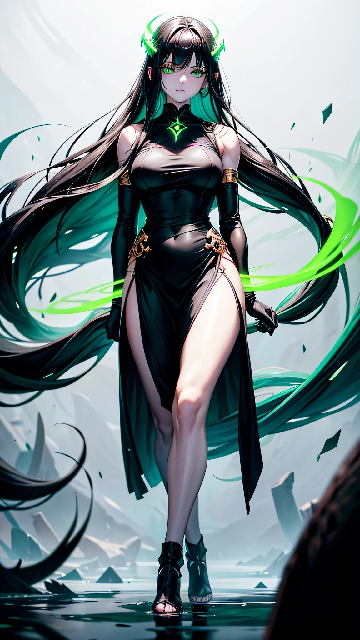 Floating eyeballs and green floating hands. Zombielike sleepy 18 year old girl with pale white skin, really long smooth silk black hair with really long bangs covering her right eye, sharp glowing green emerald eyes with bags underneath, a muscularly lean and slim body, wearing a black, gold and white war dress with a black hoodie, holding black surgical knives, standing in a white background. War surgeon. Disease goddess. Fullbody. Muscular arms and muscular defined legs. Green eyes. Mature. Exhausted eyes. Black gloves. Floating green eyes and floating green hands. Right eye is not visible. gold accesories. Long black skirt. Black fog and green smoke. Green blackhalo. Character design